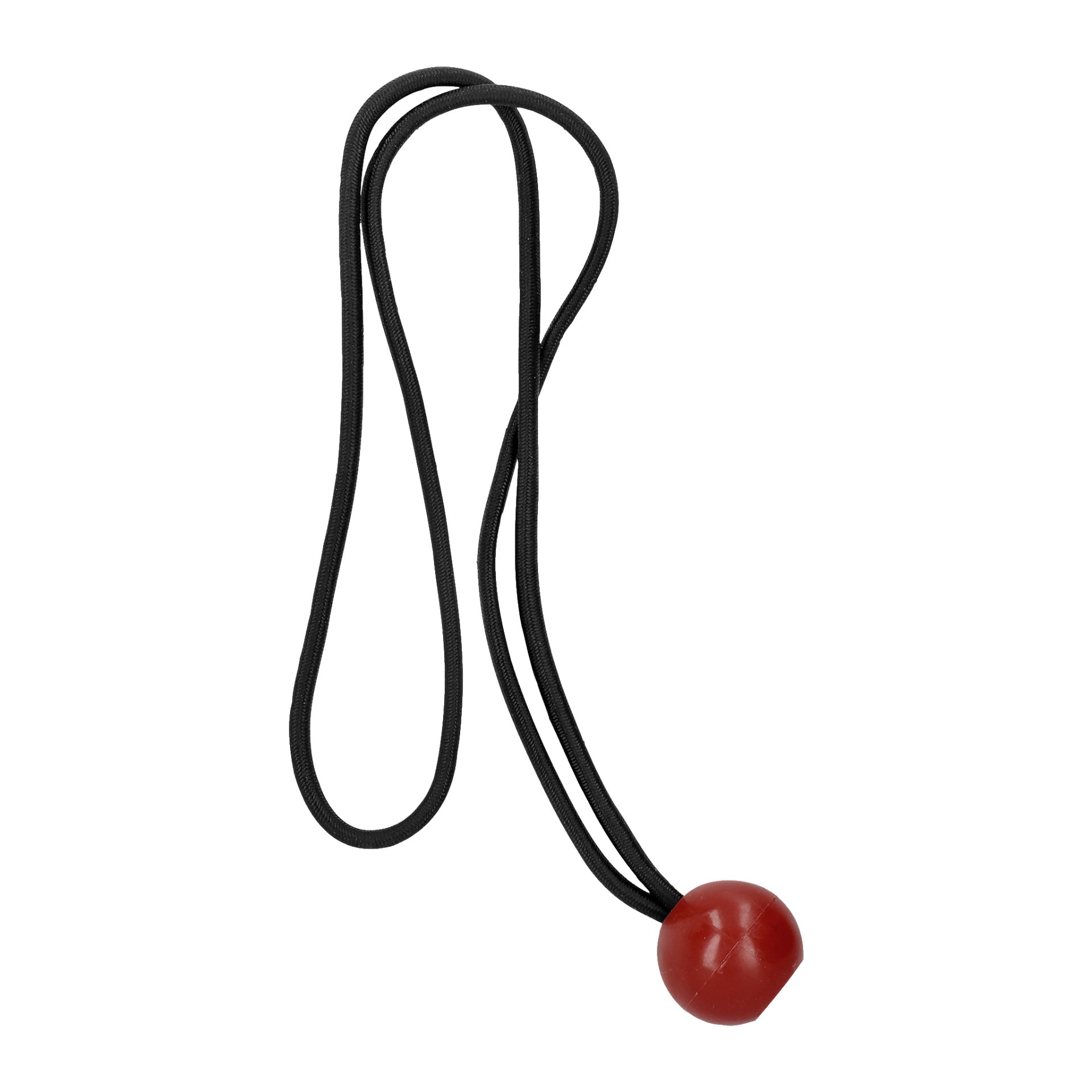 Ett sexpack med svarta elastiska elastiska bungee-band med Hard Head Straps och röda plastbollar i ena änden, visade i en lös ögla.
