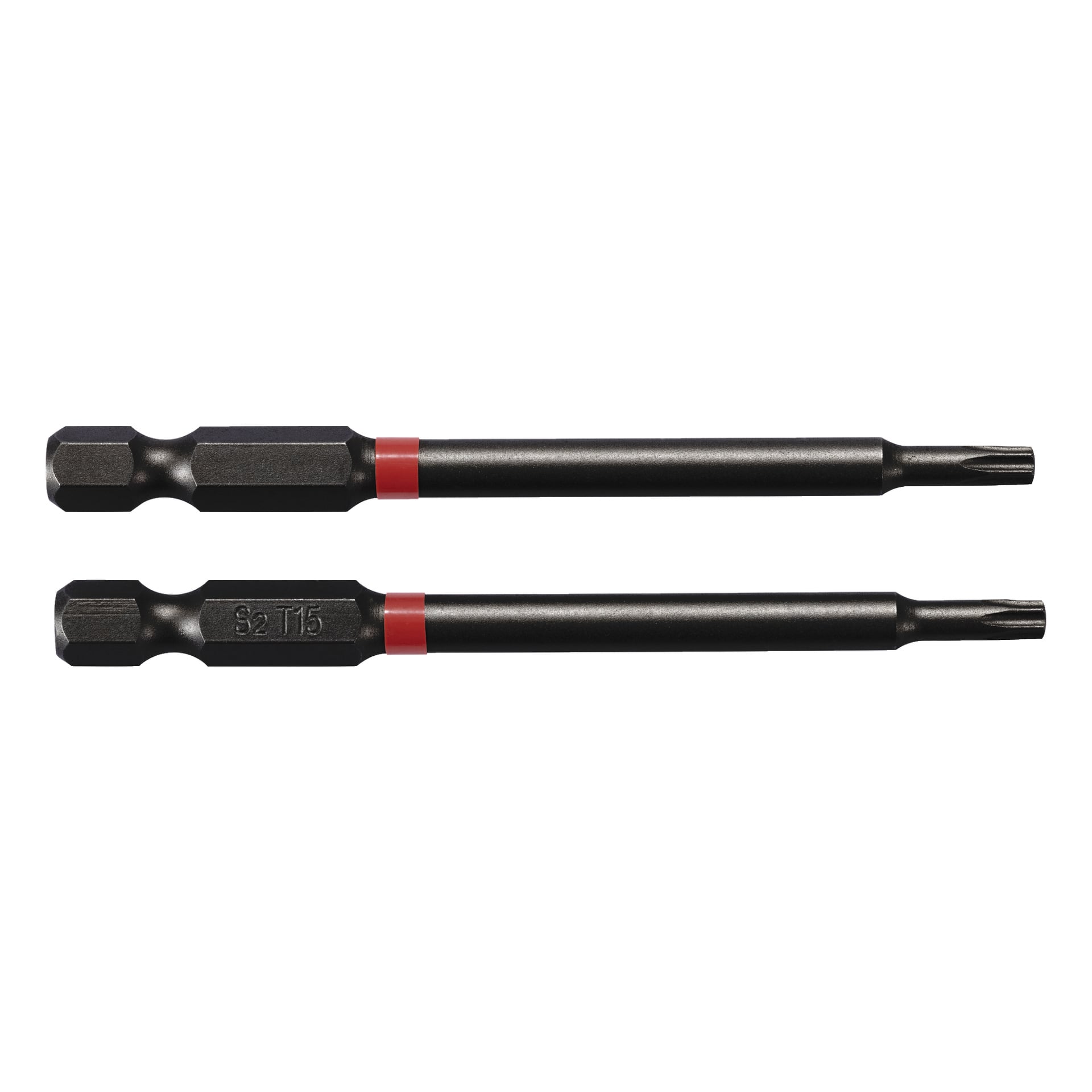 Ett set med två långa Torx-bitar från Meec Tools av svart metall, var och en med en hexagonall bas och ett rött band. En bit är markerad med "S2 T15" på sidan; den andra är omärkt. Båda har stjärnformade ändar.