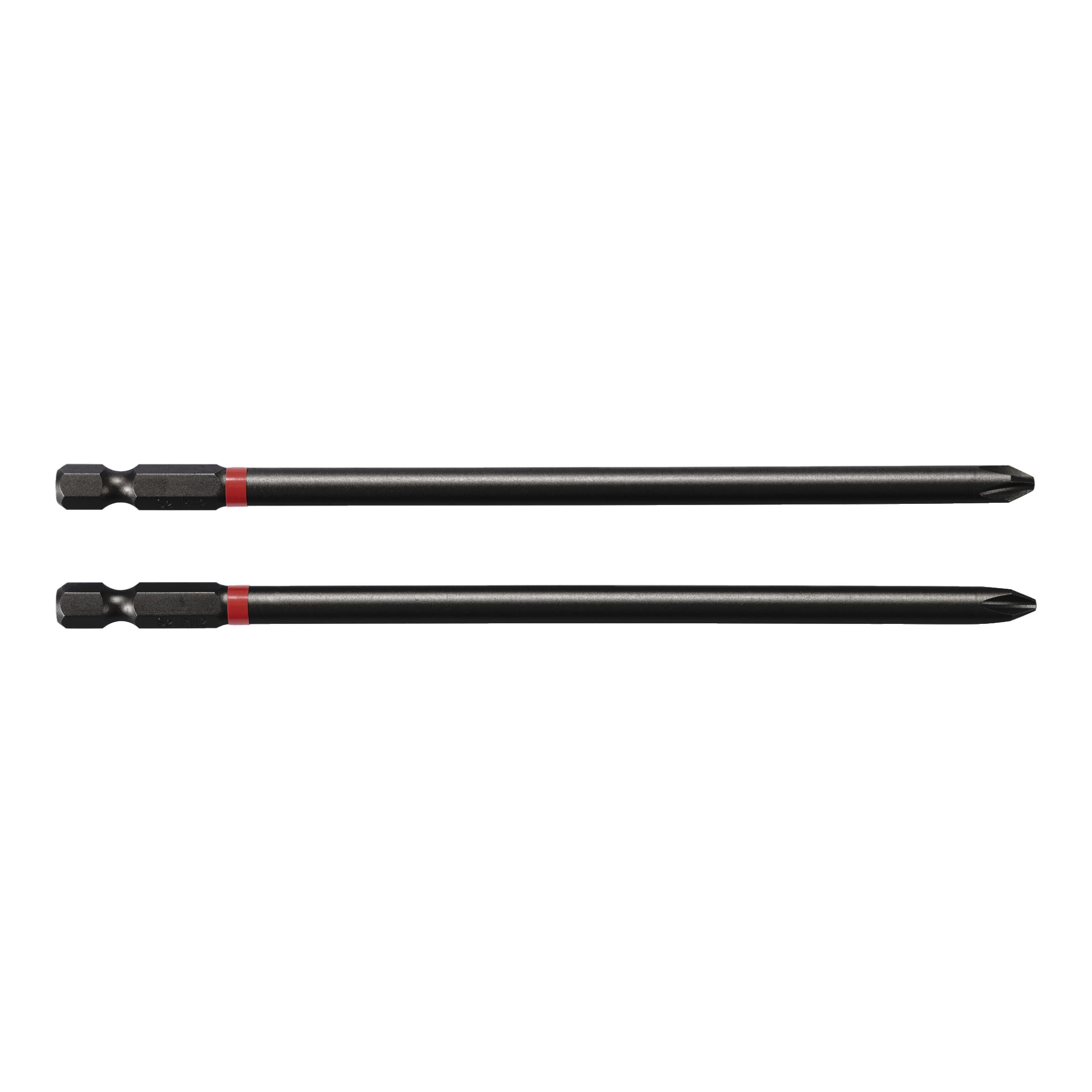 Två Meec Tools Long bit Phillips-skruvmejselbitar, som säljs i 2-pack, har sexkantiga baser och röda band nära ändarna. De är placerade horisontellt, ovanpå varandra, med spetsarna pekande åt höger.
