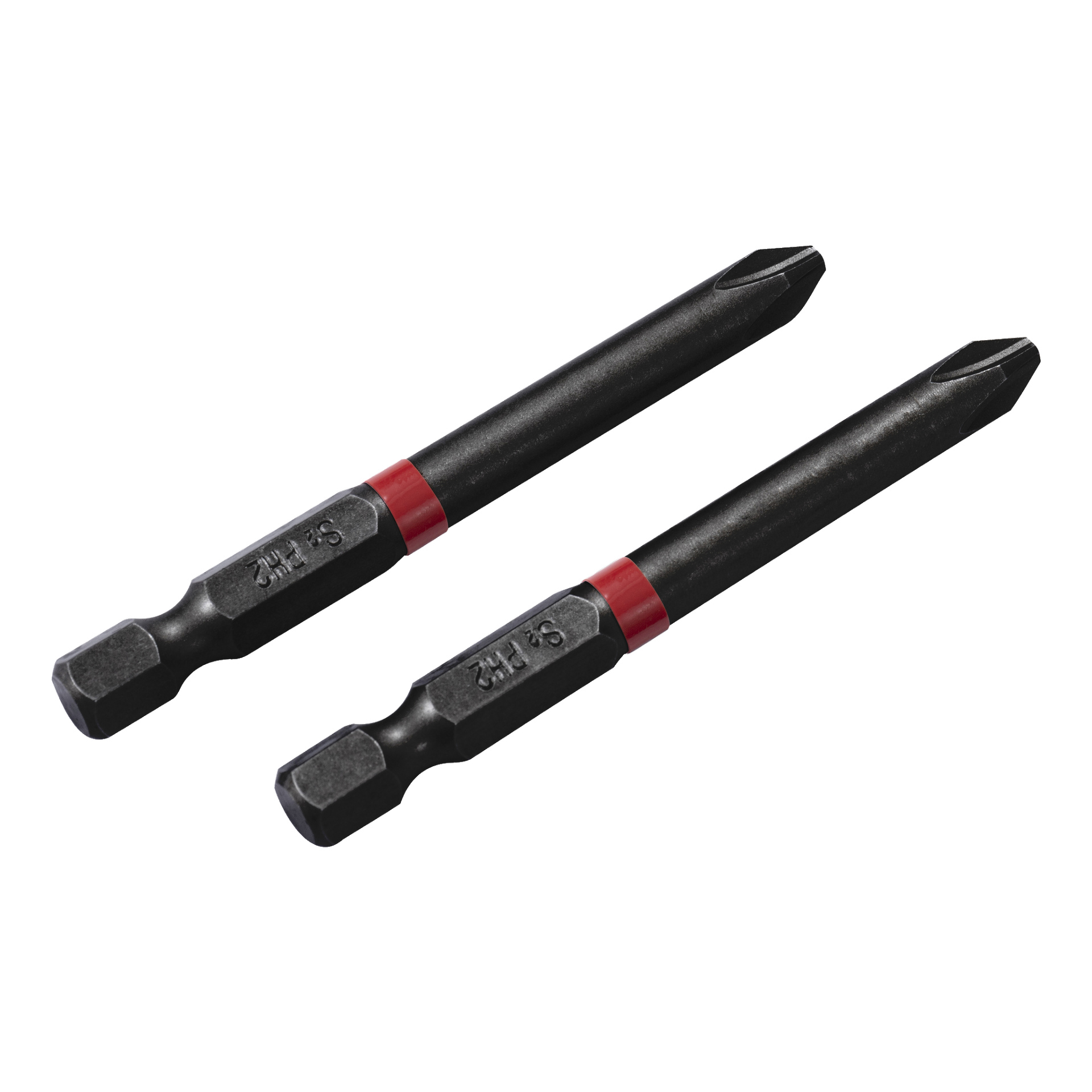 Två långbitar från Meec Tools från en 2-pack, båda med svart finish, sexkantig bas och en röd ring på axeln. Bitarna placeras sida vid sida parallellt.