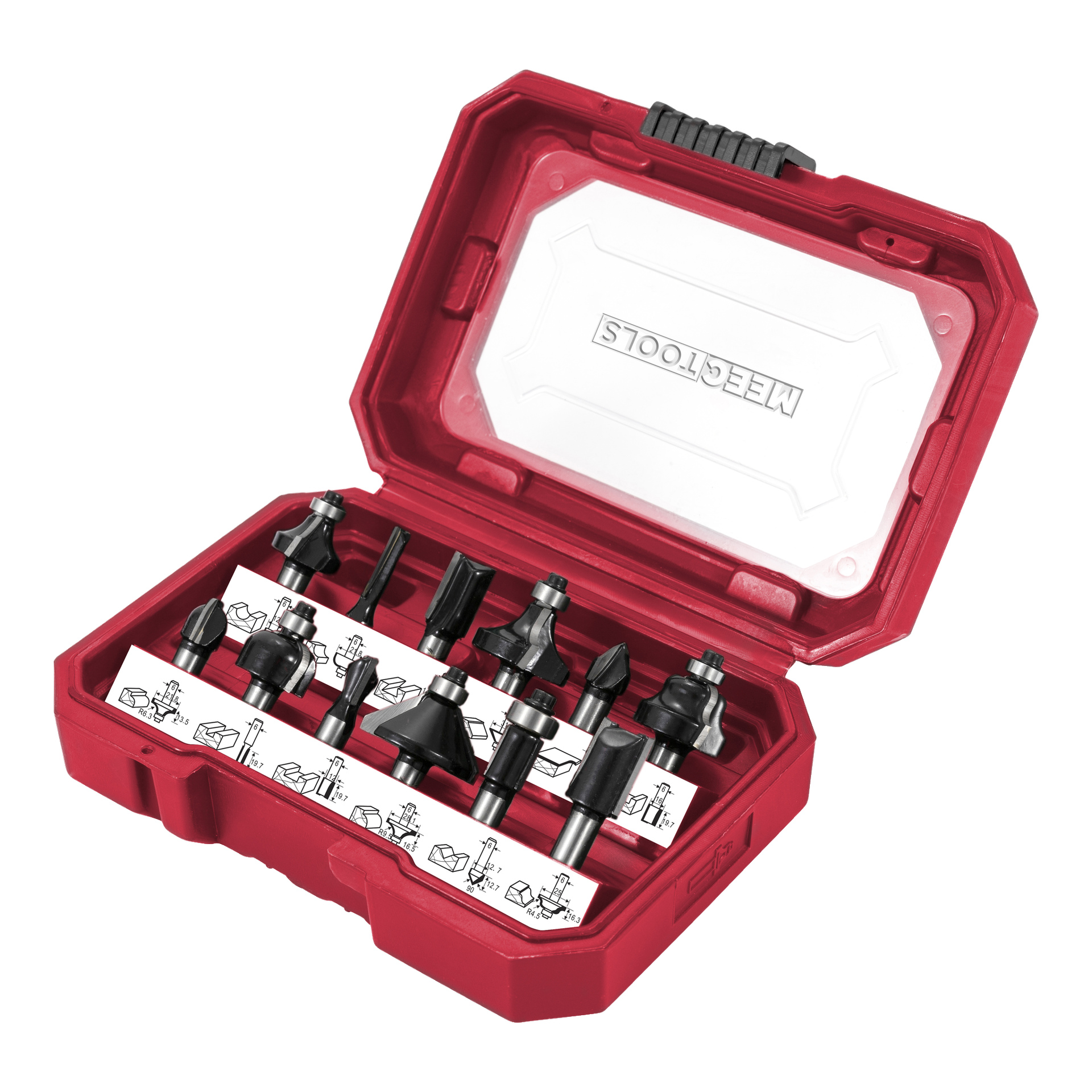Ett rött plastfodral med genomskinligt lock visar Meec Tools Router Bit Set, med 12 svarta bitar arrangerade i två rader och ett instruktionsblad inuti.