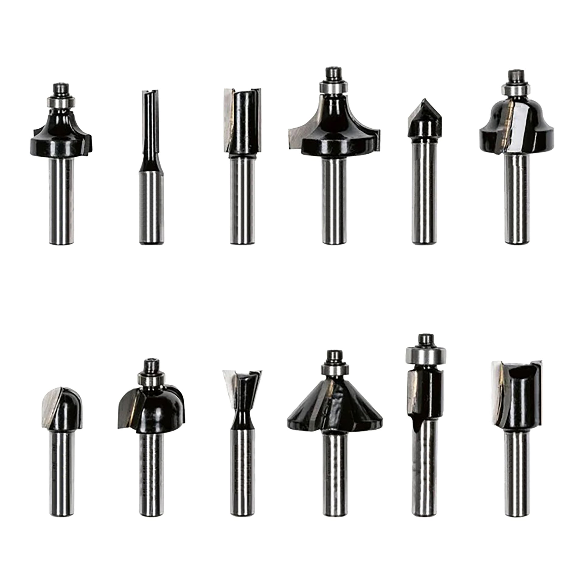 Meec Tools Router Bit Set består av 12 delar arrangerade i två rader, som framhäver de karakteristiska formerna och skäreggarna på varje borr för olika träbearbetningsapplikationer.
