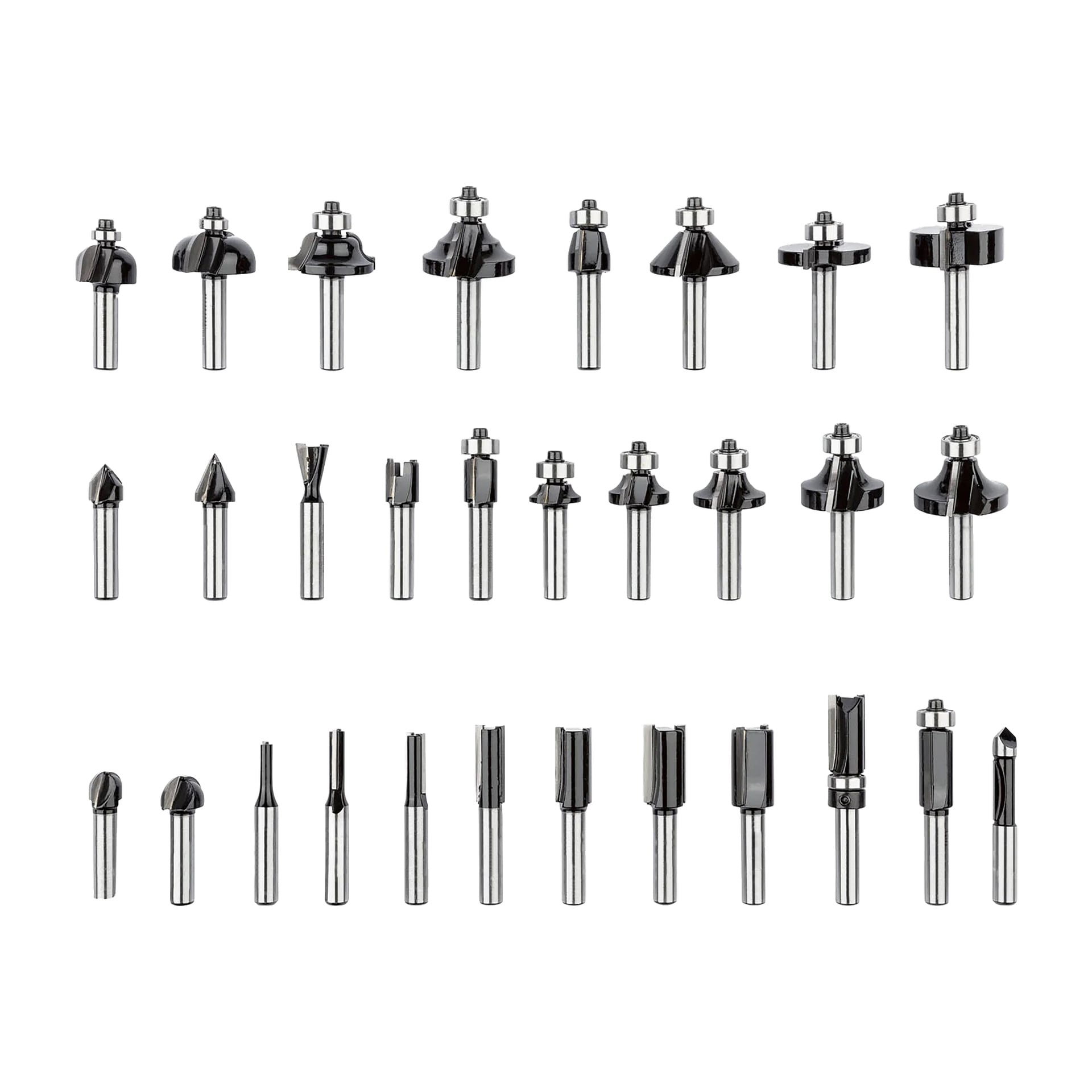 Trettio fräsbitar från Meec Tools Router Bit Set (30 stycken) är prydligt organiserade i tre rader. Varje bit har en silverskaft och ett mörkt snitthuvud med lager ovanpå, som visar olika former och storlekar.