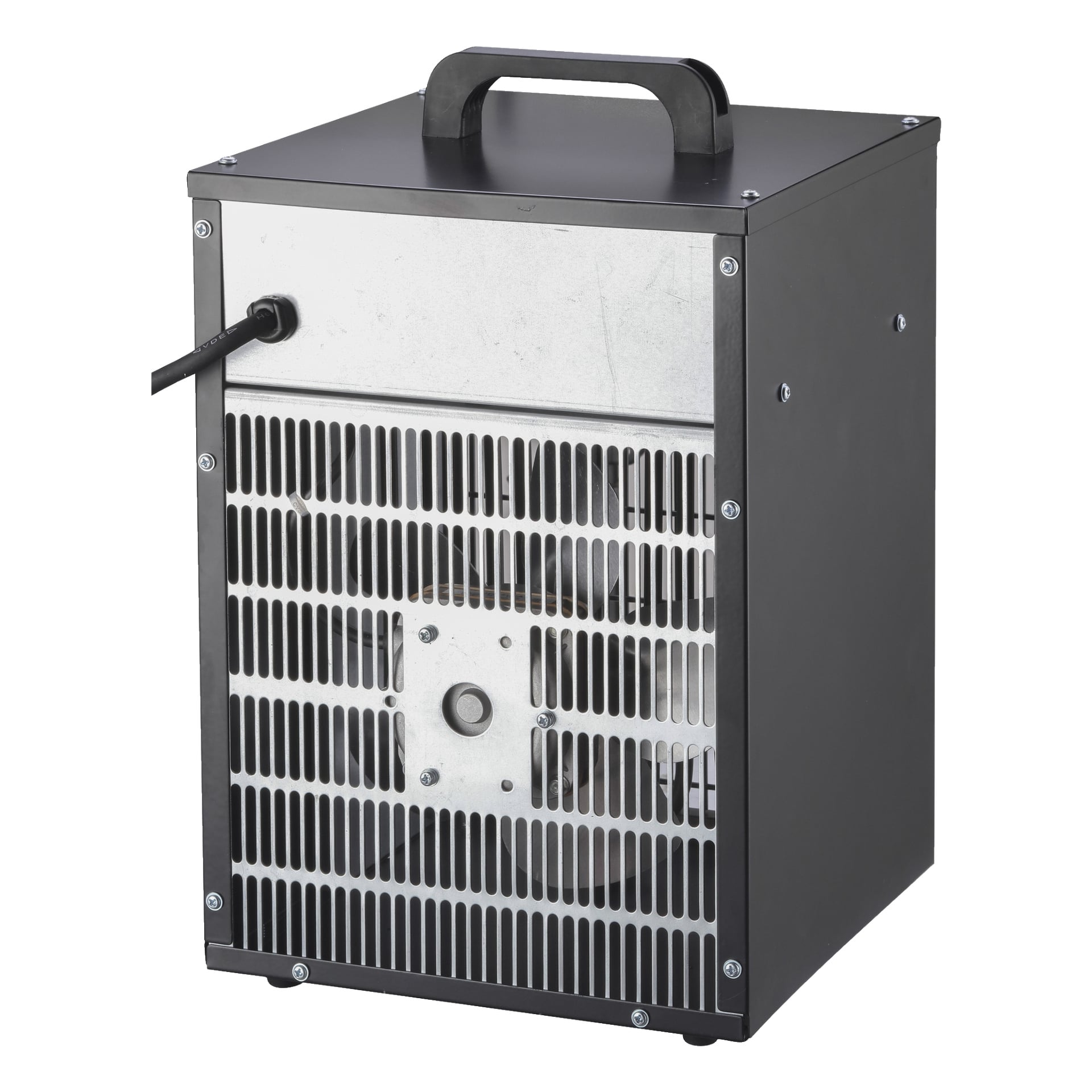 Anslut Portables konstruktionsvärmare har en svart och silverfärgad finish, övre bärhandtag, strömkabel fäst bak och en ventilerad frontpanel som exponerar fläkten inuti.