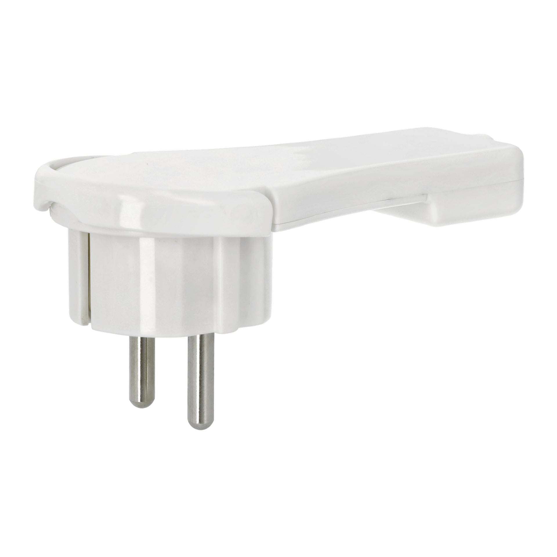 En hvit rettvinklet elektrisk adapter med to metallpigger og et plastdeksel, ment for å justere retningen på en plugg for enklere bruk i veggkontakter.