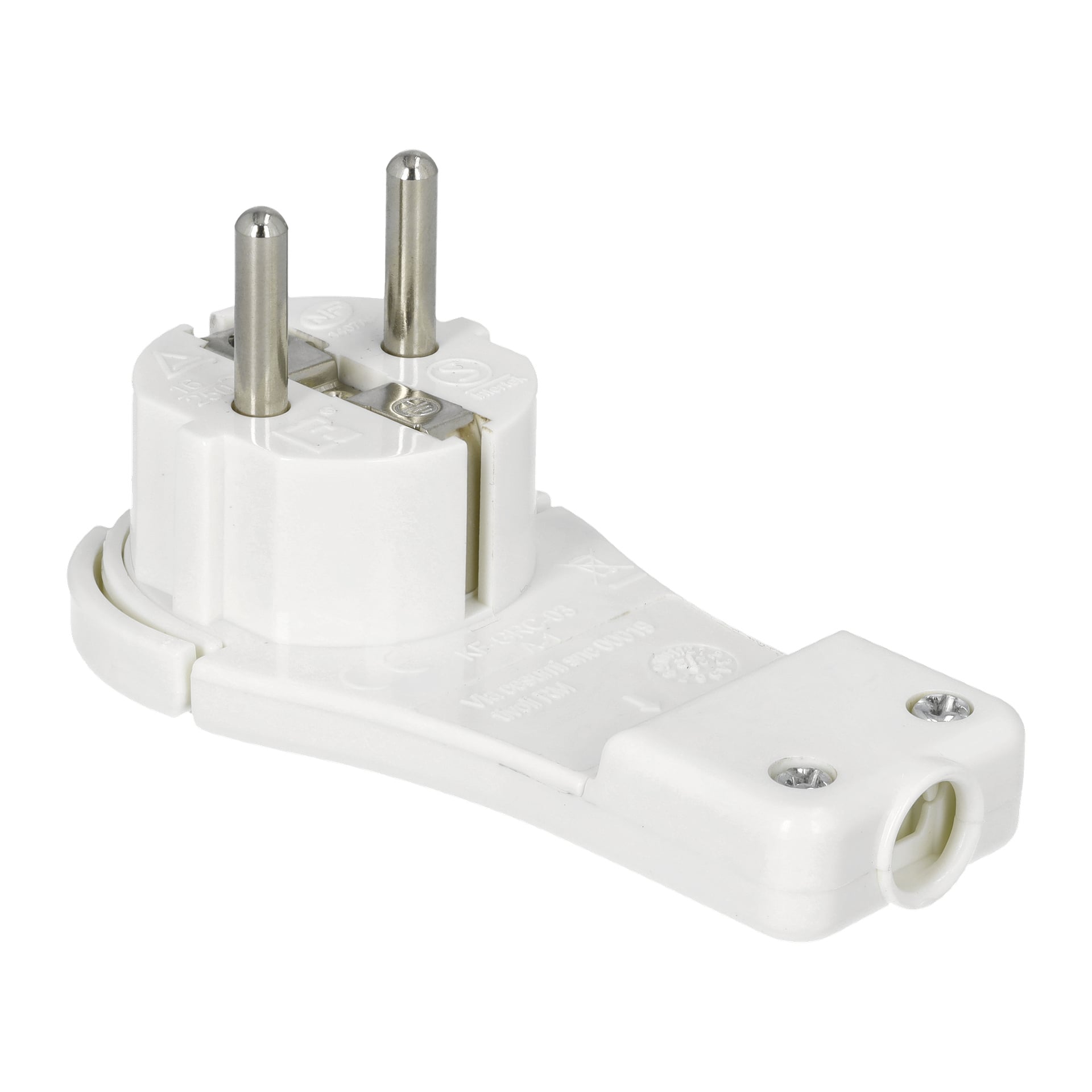 Ansluts flate plugg, en hvit europeisk to-pins elektrisk adapter med rektangulær base og to synlige skruer, vises.