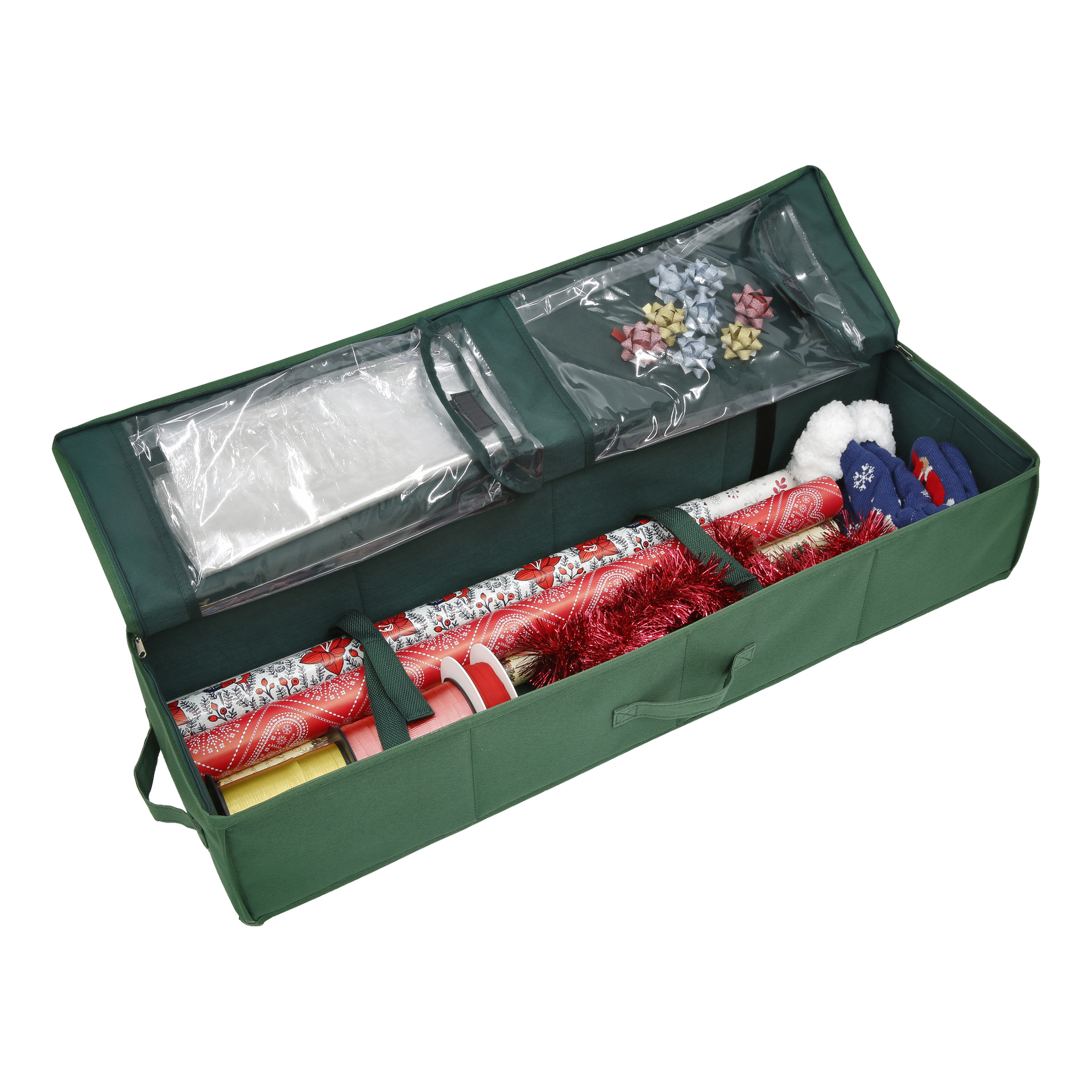 EKVIP Storage Case for Presentwrapping organiserar presentpappersrullar, rosetter, band, presentpåsar och festliga dekorationer i individuella fack med ett transparent lock för enkel visning.
