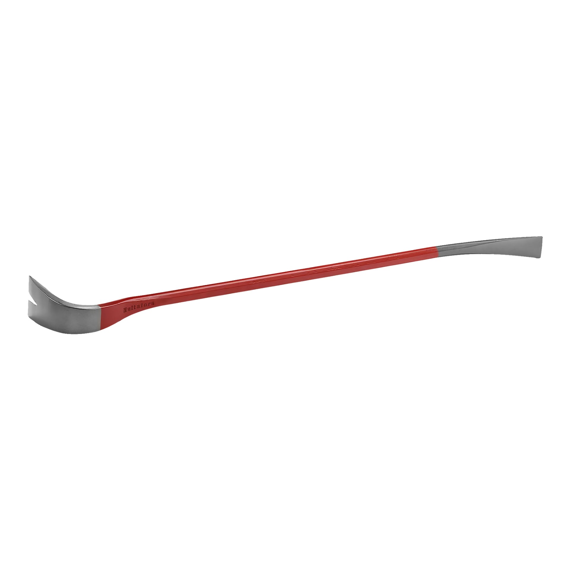 En metallisk Hultafors-bräck med ett rött handtag, som visar en böjd klo i ena änden och en platt, vinklad spets i den andra, avsedd för uppgifter som att bända eller dra ut spikar.