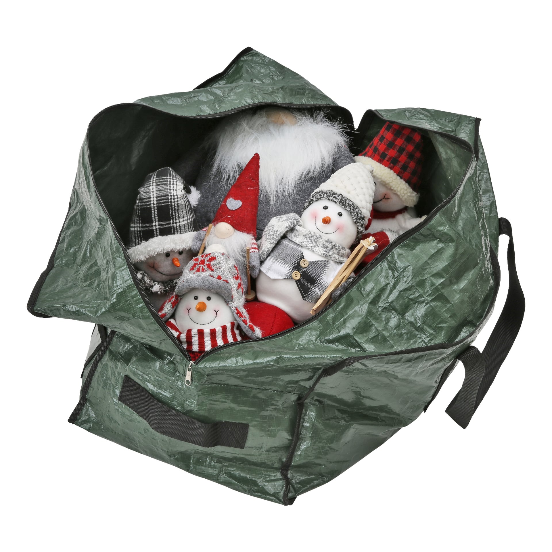 En stor grön EKVIP-väska med dragkedja för julklappar är öppen och avslöjar olika mjuka juldekorationer inuti, inklusive snögubbar och tomtar klädda i festliga hattar och halsdukar.