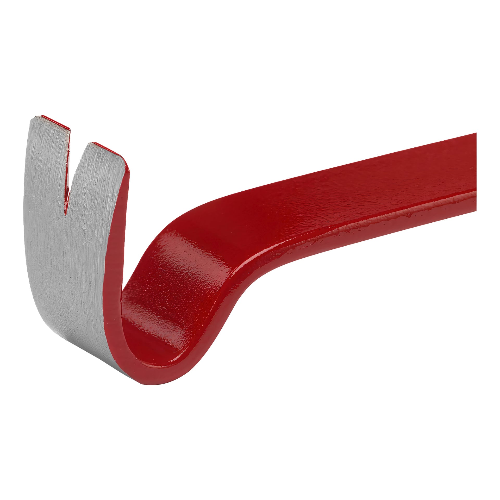 En närbild på Hultafors Crowbar 108 Mini framhäver dess röda kropp och silverfärgade klo designad för att dra i spikar eller bända upp föremål.