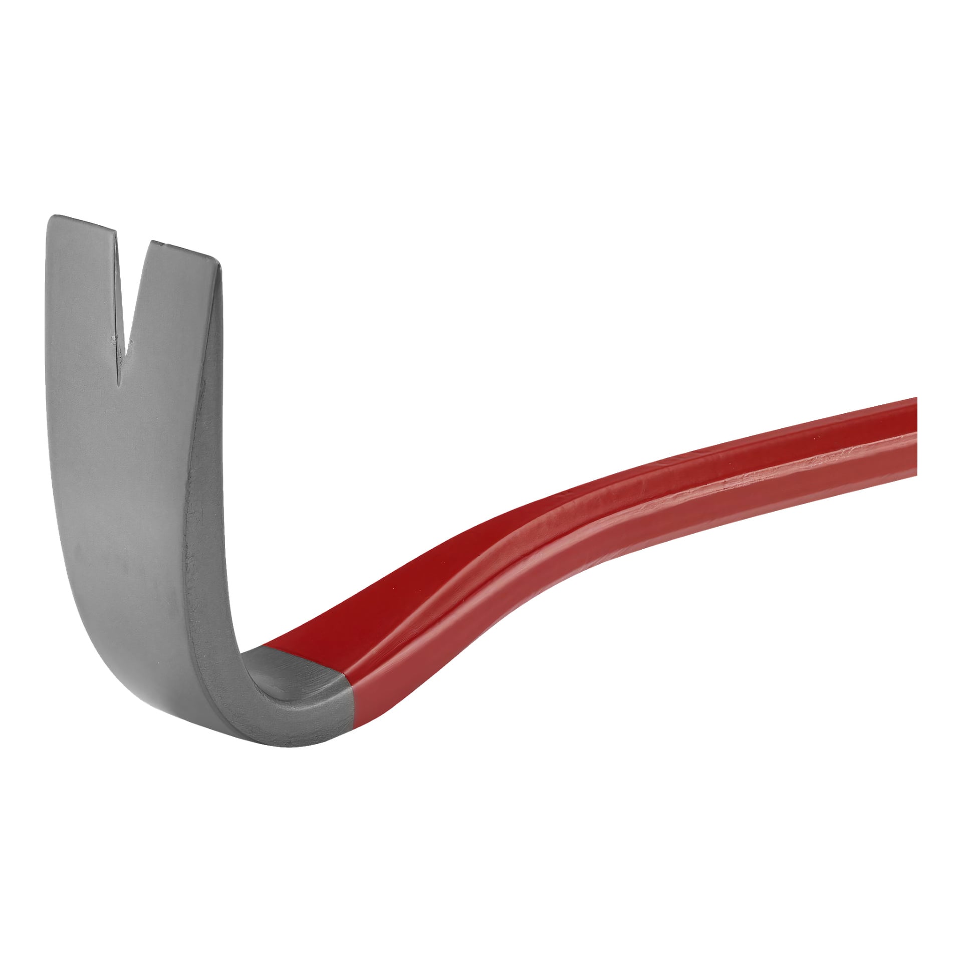 En närbild av Hultafors Wrecking bar 109/25, som framhäver dess röda och silverfärgade design och en platt, gaffelförsedd ände avsedd för att bända eller dra i spikar.