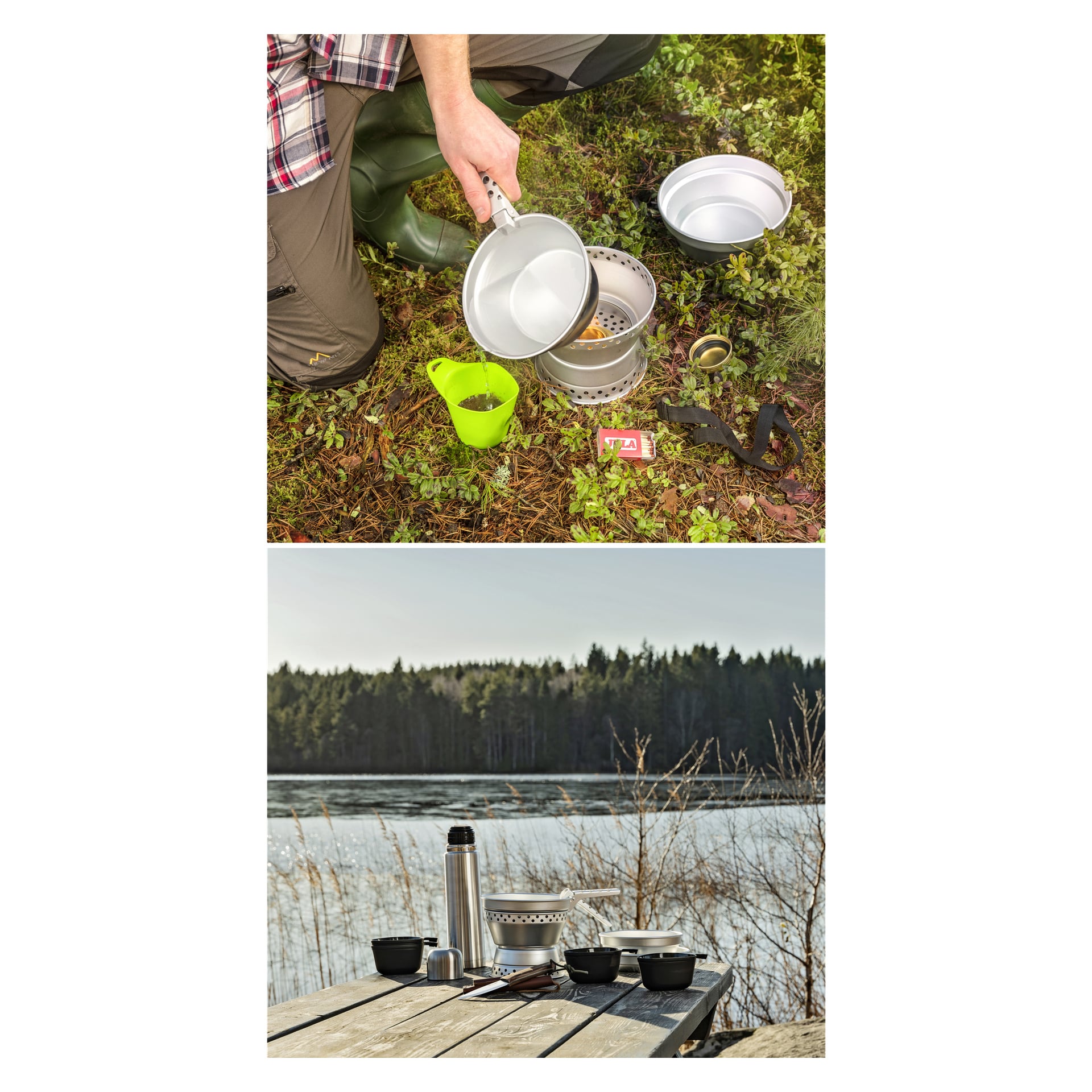 Någon häller vatten i Kayoba Outdoor Camping Stove 8-delad uppsättning på gräsmark, med skålar, en grön kopp och olika förnödenheter i närheten. Nedan är Kayoba Outdoor campingkök och skålar prydligt uppställda på ett träbord bredvid en sjö med träd synliga i bakgrunden.