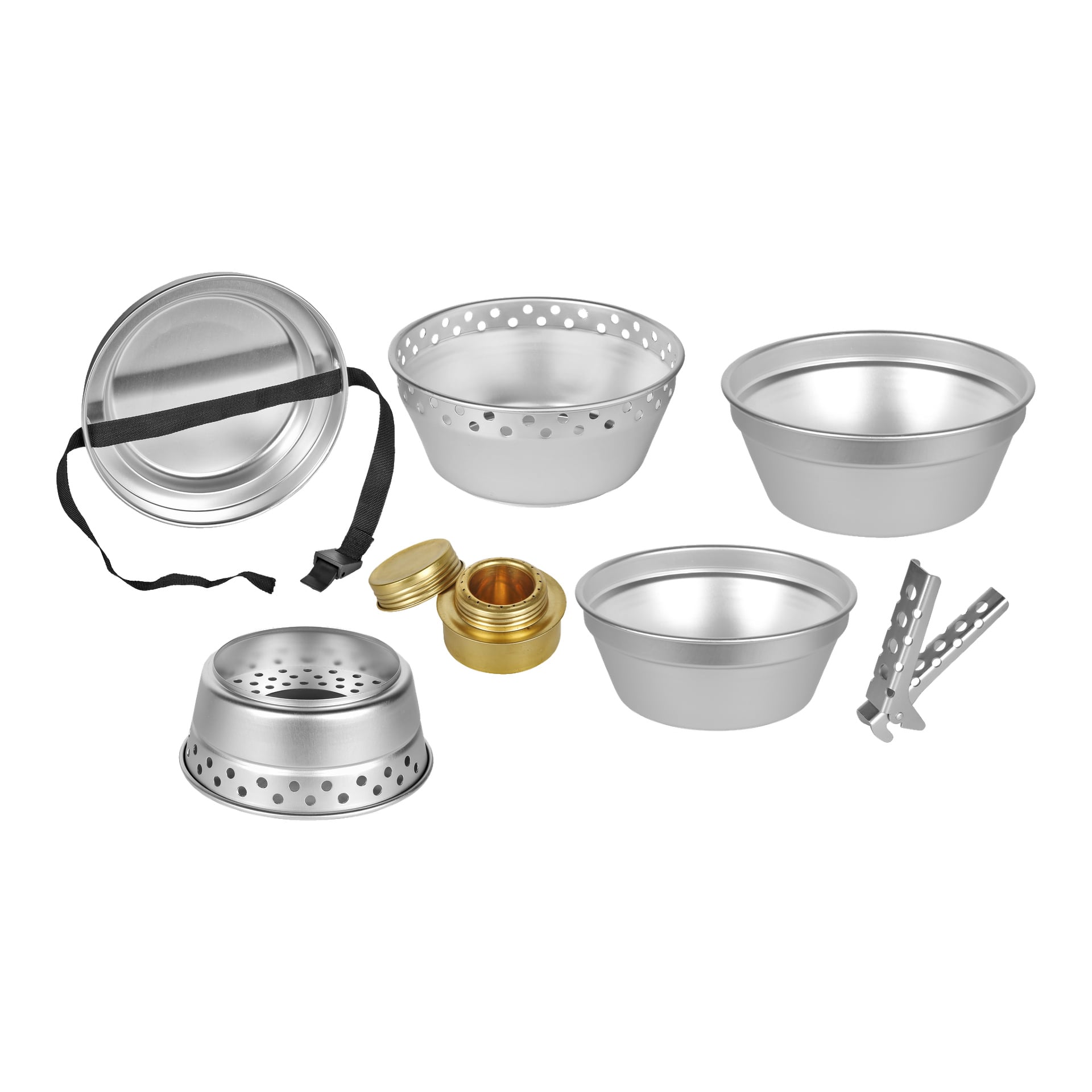 Kayoba Outdoor Camping Stove 8-delat set innehåller en stekpanna, skålar, kastruller, en bränslebehållare i mässing, grytgreppare och ett svart band.