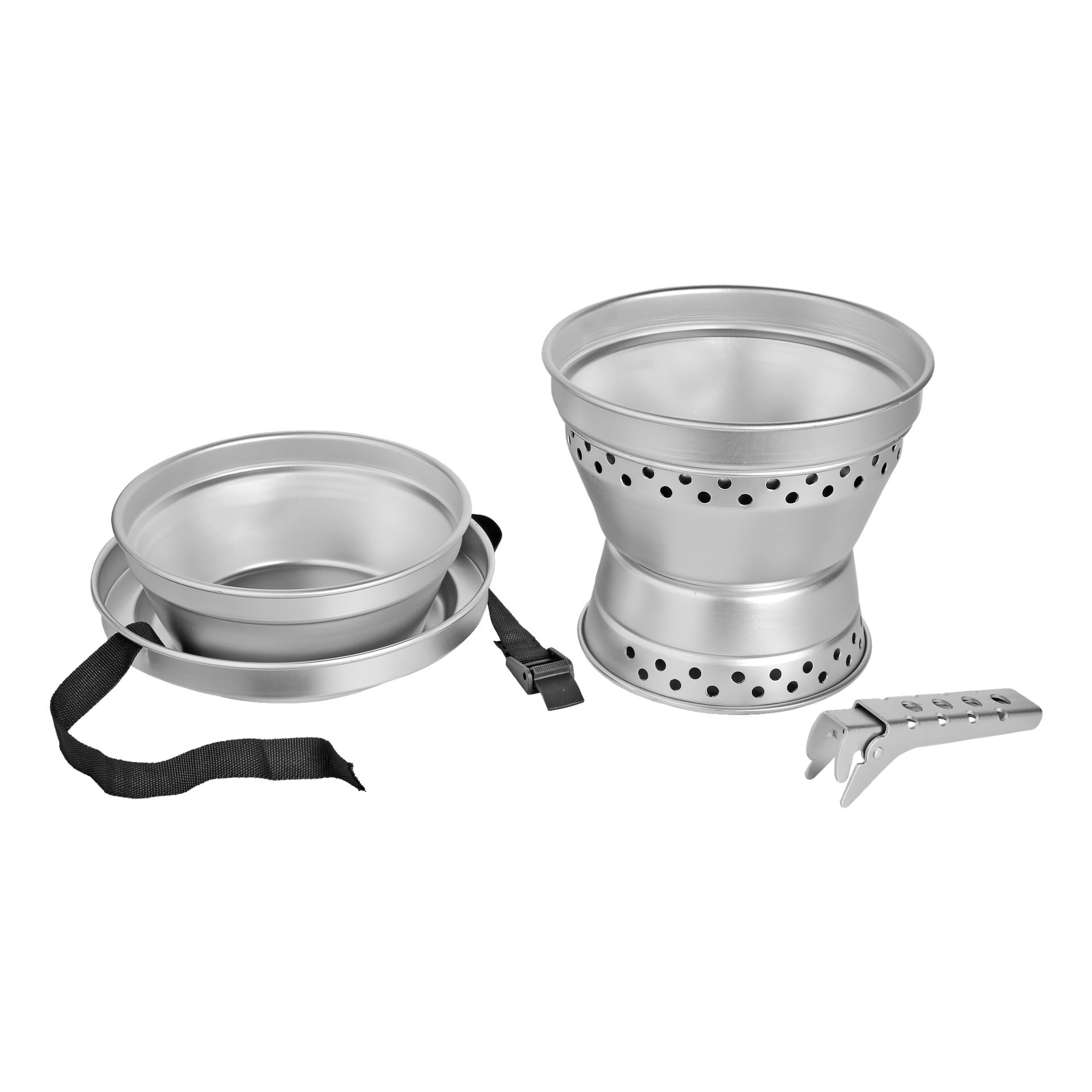 Åtta silverfärgade campingredskap från Kayoba Outdoor Camping Stove-set med åtta delar, med en hopfällbar perforerad kastrull, två stekpannor staplade tillsammans med en svart rem och ett metallmultiverktyg.
