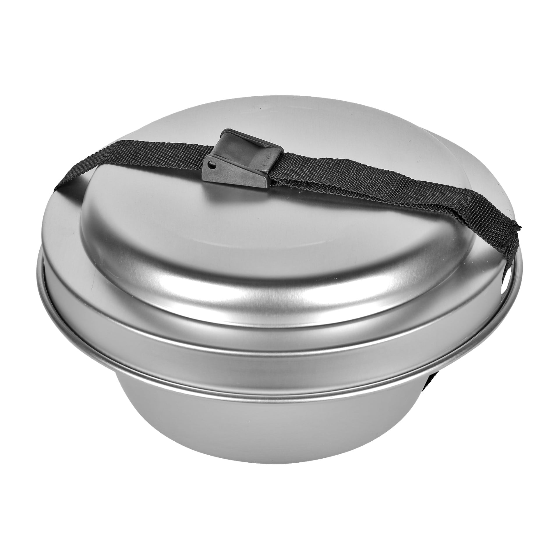Ett Kayoba utomhus campingkök i 8-delar, med en silverfärgad metallskål tillsammans med matchande lock, båda hållna ihop av en svart rem och ett plastspänne.