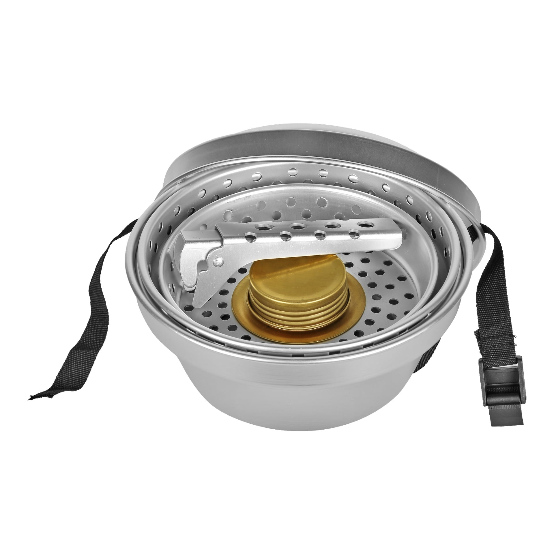 Kayoba Outdoor Camping spisset i 8 delar, med hållbar metallkonstruktion, inkluderar en silvergryta med sillock och handtag, en gyllene spis och en svart rem. Alla komponenter är designade för att passa ihop snyggt för enkel bärbarhet under campingresor.