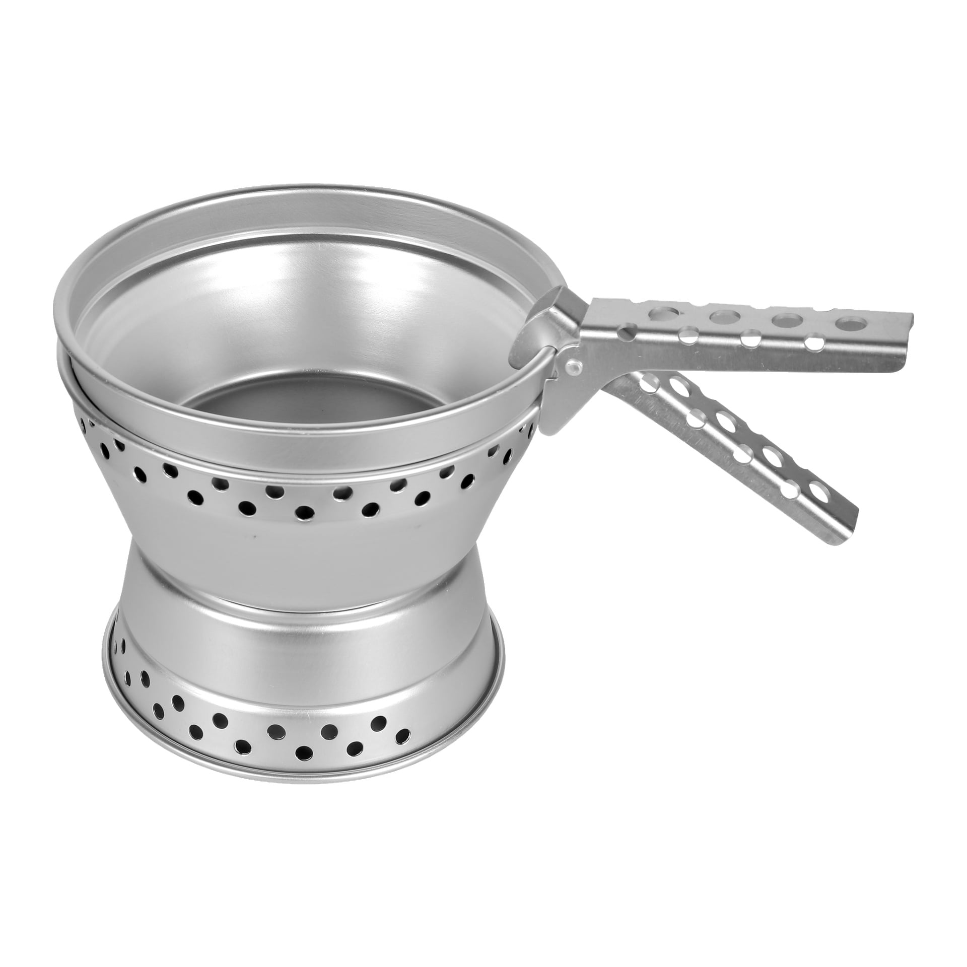 Ett Kayoba Outdoor Camping köksset i åtta delar, inklusive ett silverfärgat metalldurk, en rund, hålfylld kropp och ett handtag med flera runda utskärningar, gjort för att sila vätskor från mat.