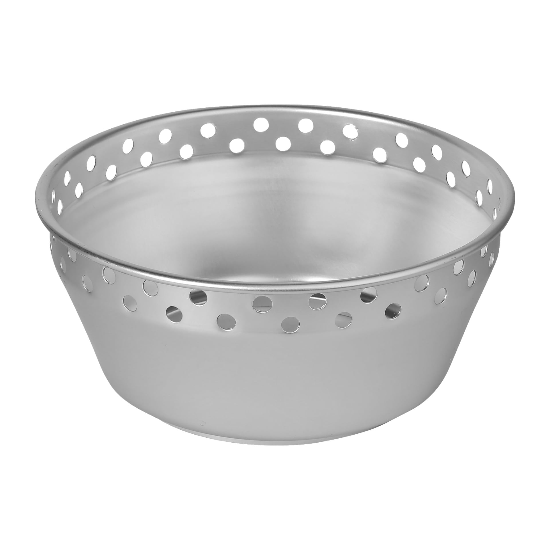 Denna del av Kayoba Outdoor Camping Stove-set i åtta delar är en cirkulär, silverfärgad metallskål med en bred, utåtböjd kant. Nära den övre kanten finns två rader jämnt fördelade hål avsedda för dränering eller silning. Skålen har en polerad och reflekterande yta.