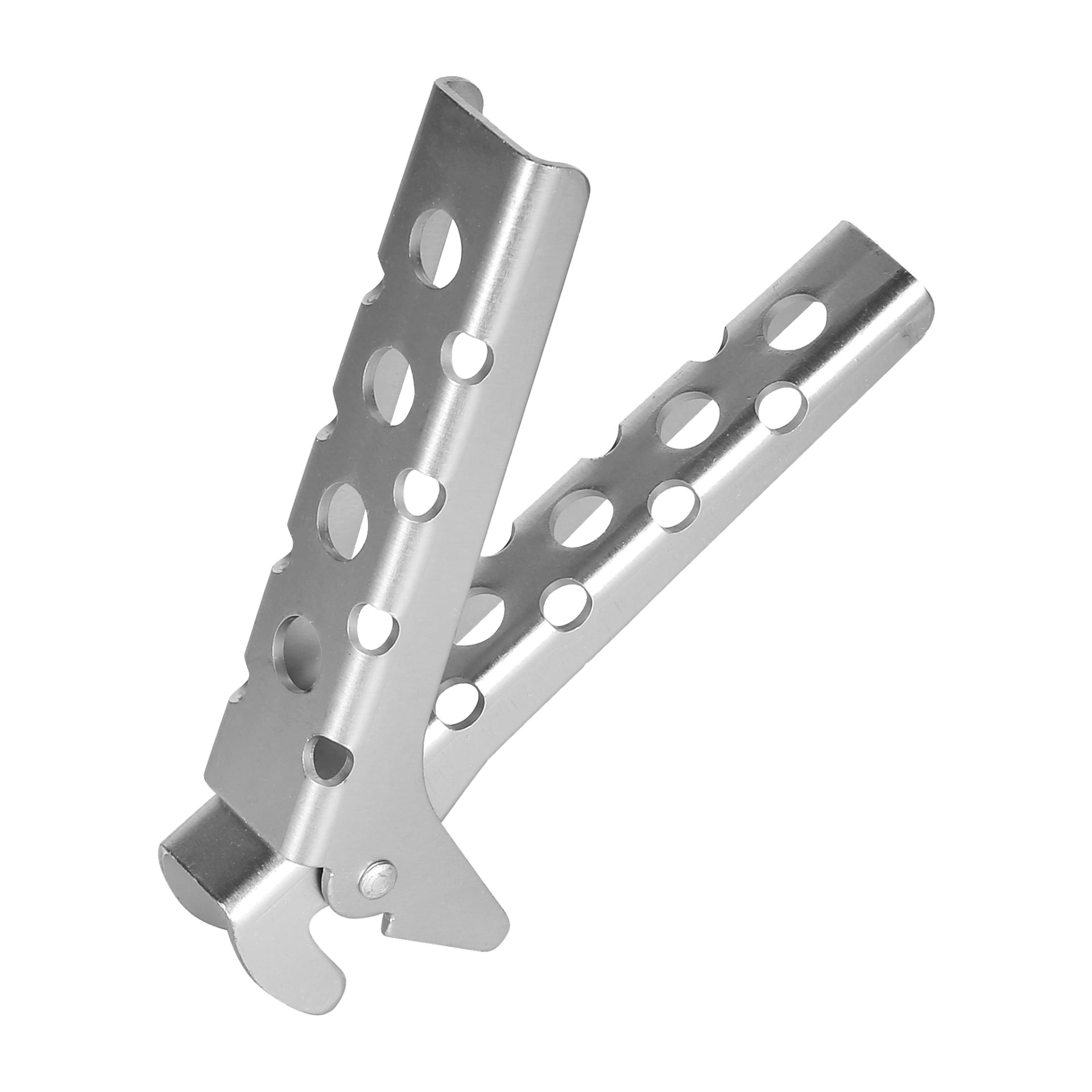 Ett funktionellt silvermetallverktyg med två perforerade handtag förbundna med ett gångjärn, en del av Kayoba Outdoor Camping spisen med åtta delar. Designad för att säkert greppa eller hålla varma föremål under matlagning utomhus eller camping.