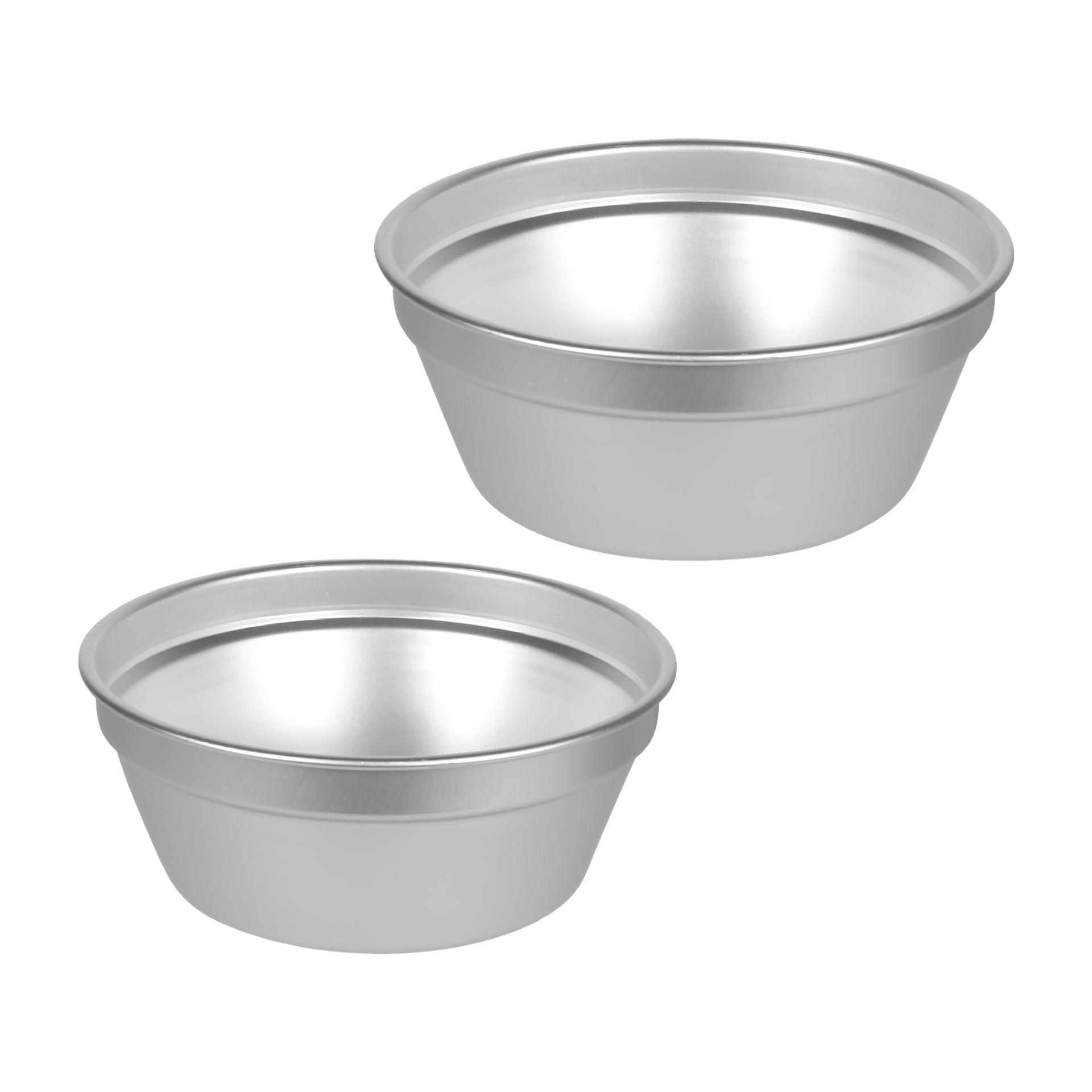 Två runda, silverfärgade metallbitar från Kayoba Outdoor Camping Stove 8 Pieces set visas sida vid sida. Den ena är lite mindre och sitter lägre än den andra. Båda har släta ytor med utvidgade fälgar.
