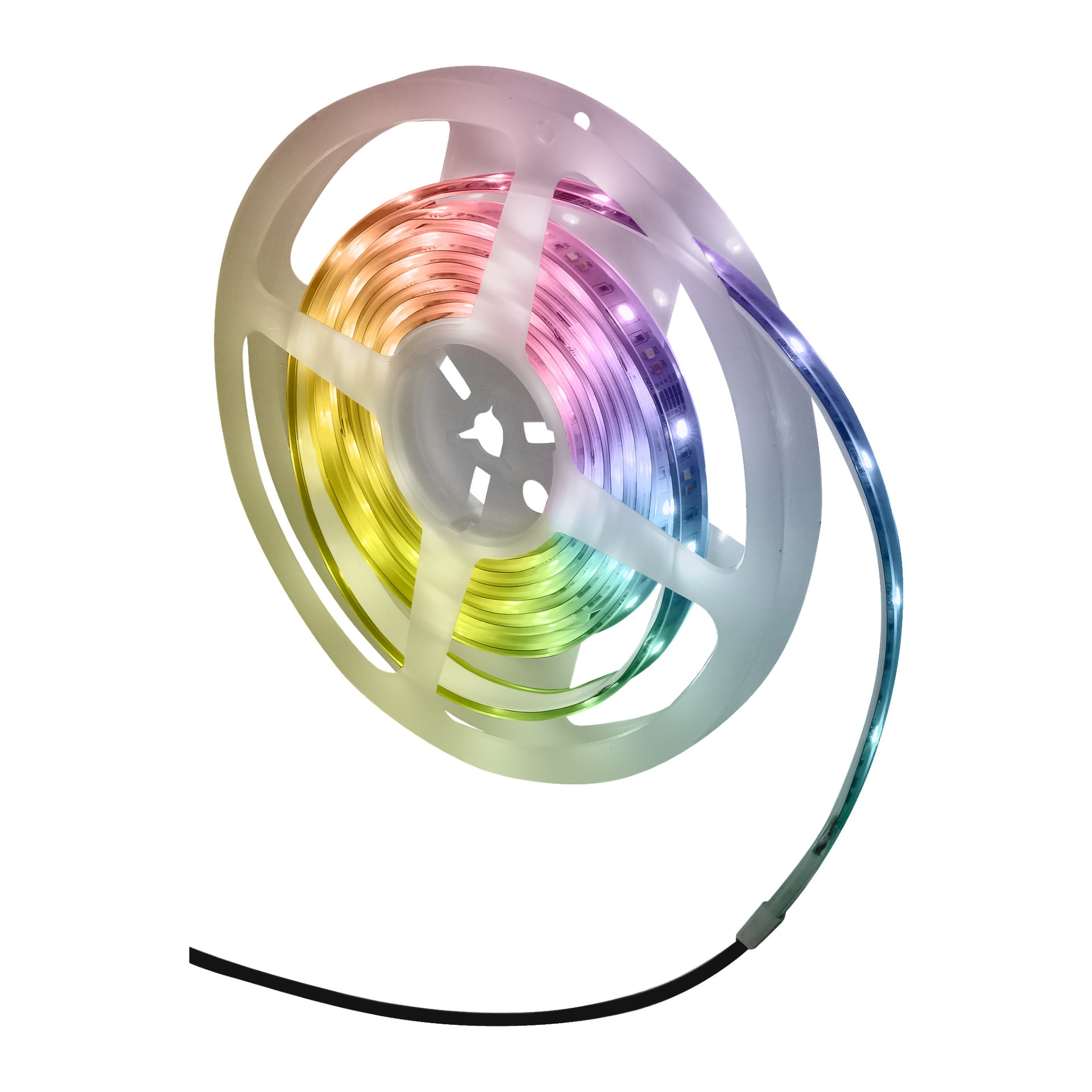 Kierretty kela Anslut RGB -nauha-LED-älyvaloja säteilee kirkkaita värejä, kuten vihreää, keltaista, vaaleanpunaista, violettia ja sinistä. Nauha on osittain avattu ja toiseen päähän on kiinnitetty musta virtajohto.
