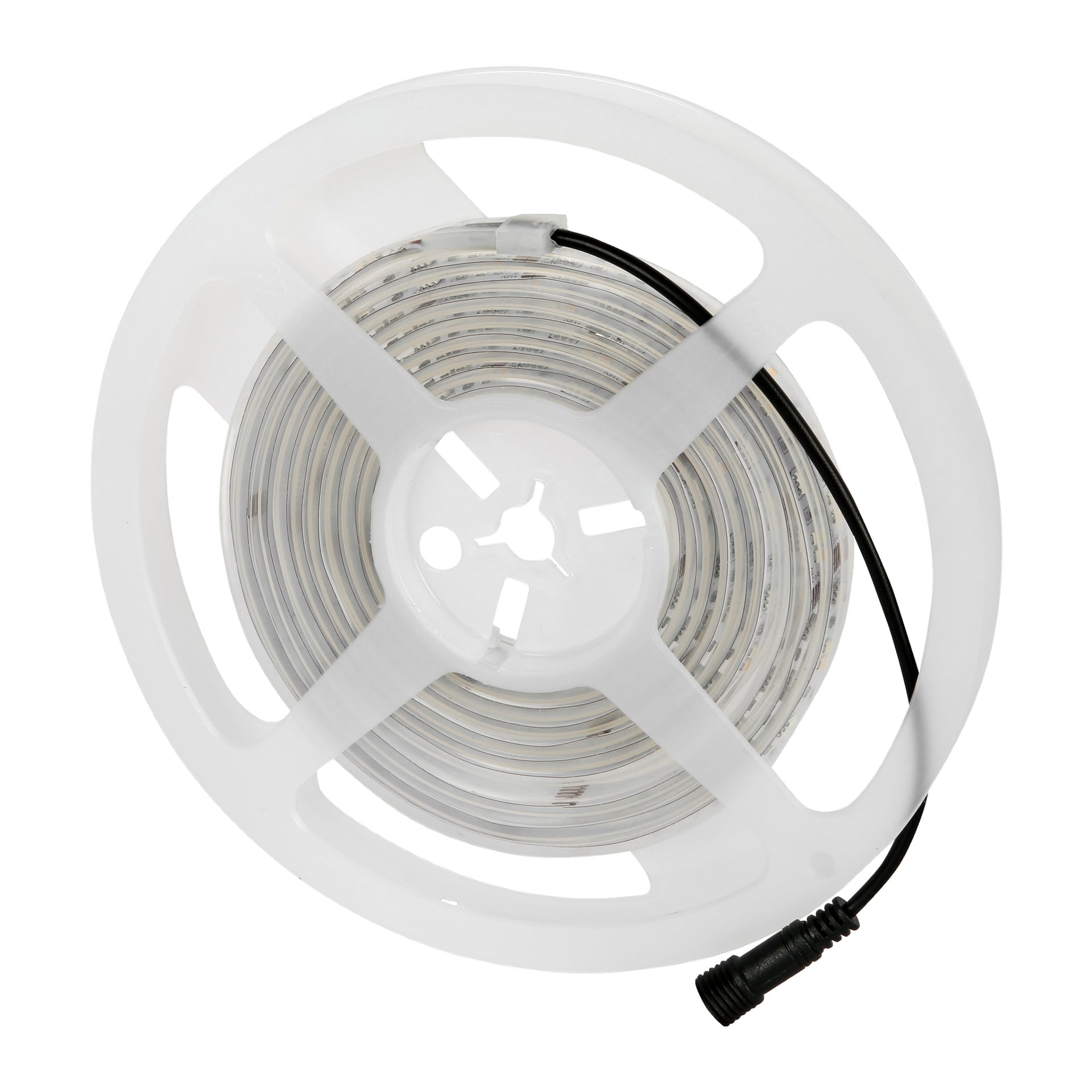 Anslut RGB Strip LED Smart on siististi kiedottu valkoisen muovikelan ympärille, ja toisessa päässä on näkyvä musta liitinkaapeli.