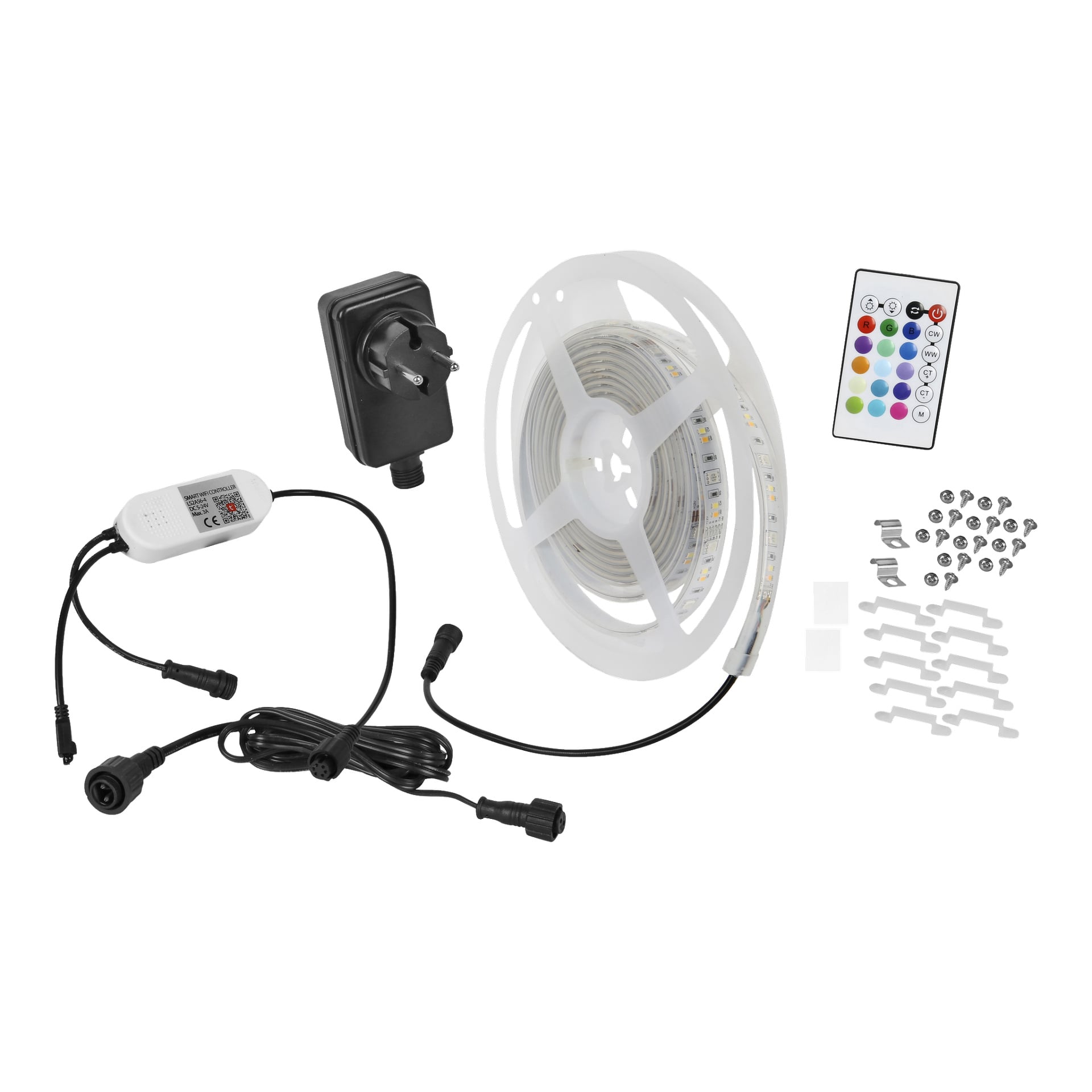 Anslut RGB -nauha LED Smart on esillä lisävarusteineen, mukaan lukien virtalähde, kaukosäädin, liitin, ruuvit, kiinnikkeet ja liimatyynyt.