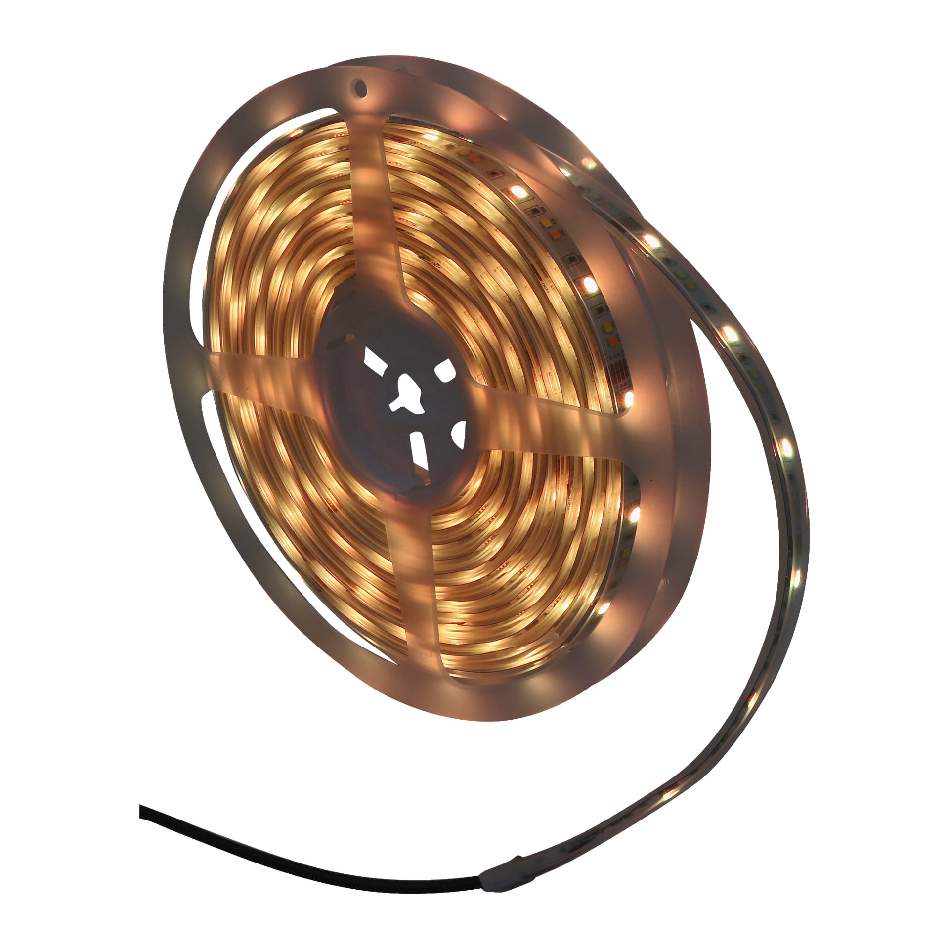 Osittain kelattuna oleva Anslut RGB -nauha LED Smart -valot näyttävät lempeää valaistusta, ja toisella puolella on musta virtajohto.