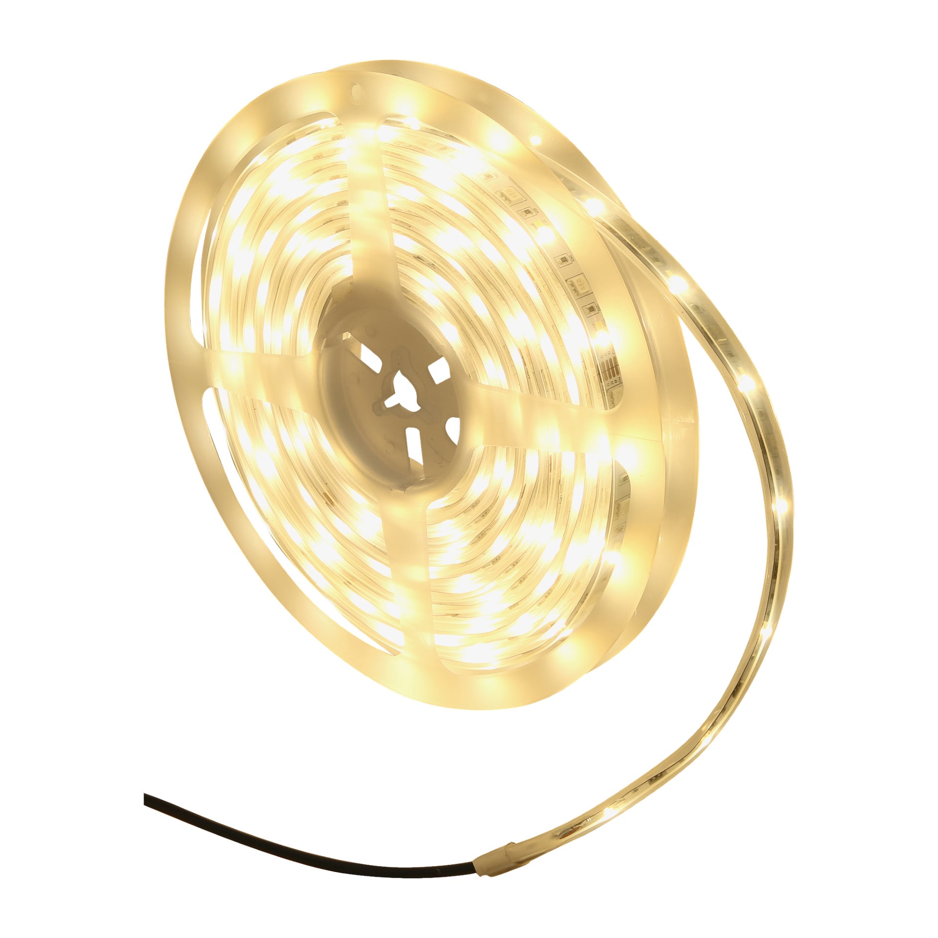 Anslut RGB LED Smart valaistuu kiertetyllä kelalla, jossa on osittain rullattu monivärinen nauha ja musta sähköjohto, joka on kytketty toiseen päähän.