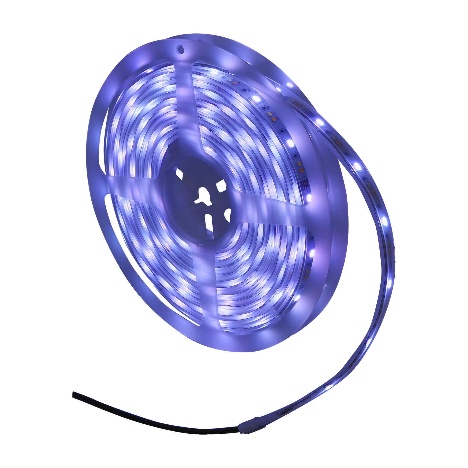Anslut RGB -nauha LED Smart on osittain rullattuna ja kytkettynä, heittäen sinistä valoa yksittäisillä LED-polttimilla sen pituudella. Nauha on kierretty valkoiselle muovikelalle.