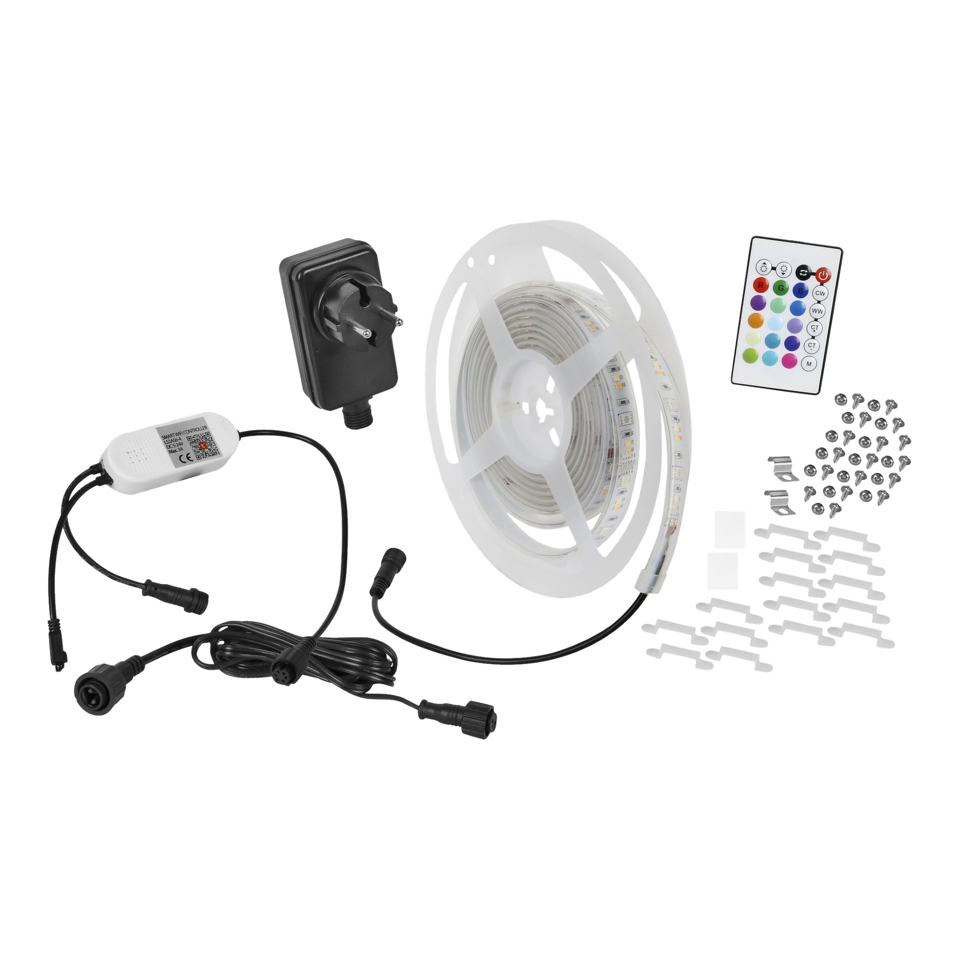 Anslut RGB -nauha LED-älypaketti, johon kuuluu kierretty LED-nauha, virtalähde, kaukosäädin, ohjausyksikkö kaapeleineen, ruuveineen, muovikiinnikkeineen ja liimatyynyineen—kaikki siististi järjestäytyneinä.