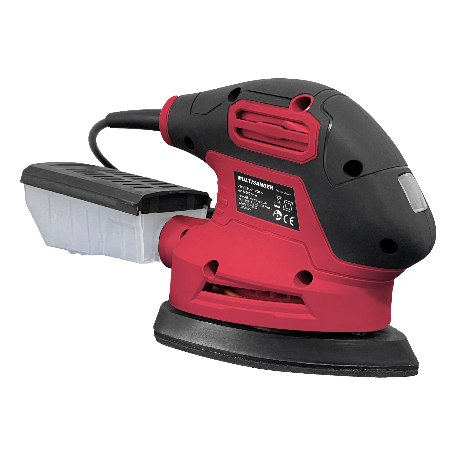 En sidovy av Meec Tools Multi-slipmaskin, en röd och svart elektrisk multisander med dammuppsamlingslåda, som visar dess ventiler, handtag och strömkabel.