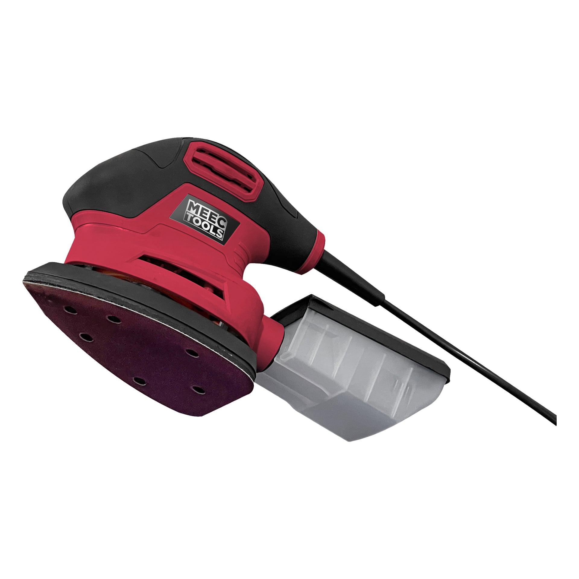 En röd och svart Multi-slipmaskin från Meec Tools har en rektangulär slipplatta, en transparent dammbehållare på sidan och en strömkabel bak.