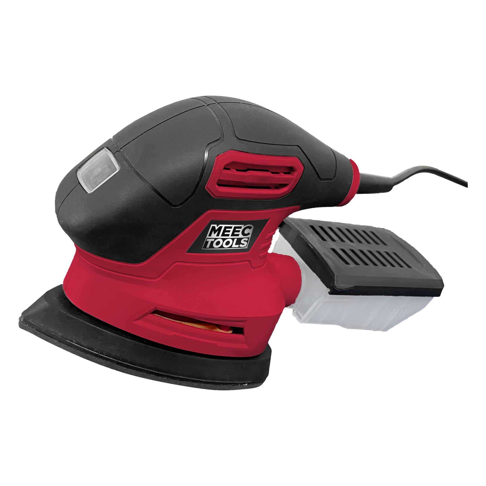 En röd och svart Meec Tools Multi-slipmaskin med dammuppsamlingsfäste, synlig strömkabel och en triangulär slipplatta designad för hörn.