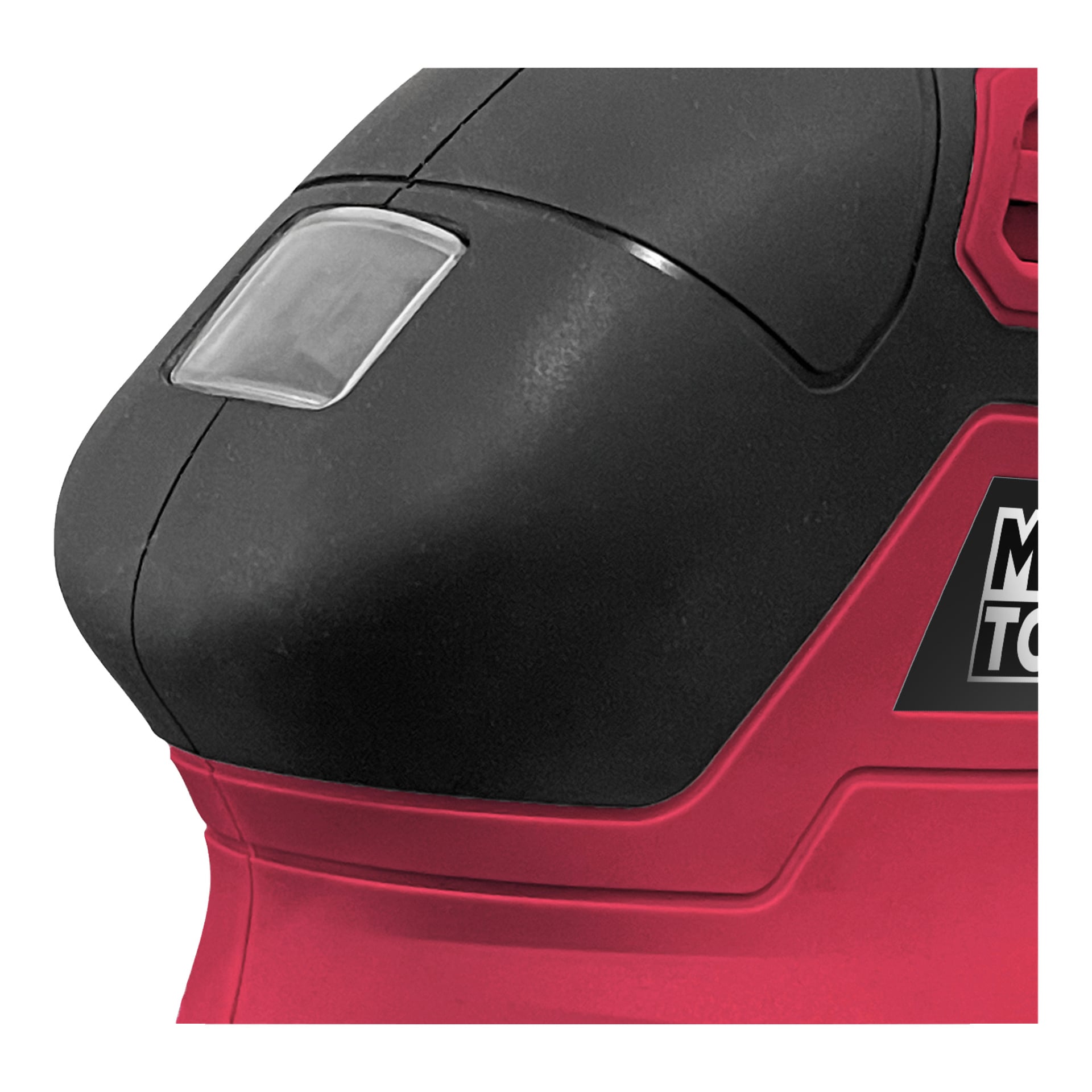 Närbild på en röd och svart Meec Tools Multi-slipmaskin, som visar en del av handtaget, en grå knapp eller indikator, och en delvis synlig logotyp till höger som lyder Meec. Ytan ser ut som plast.
