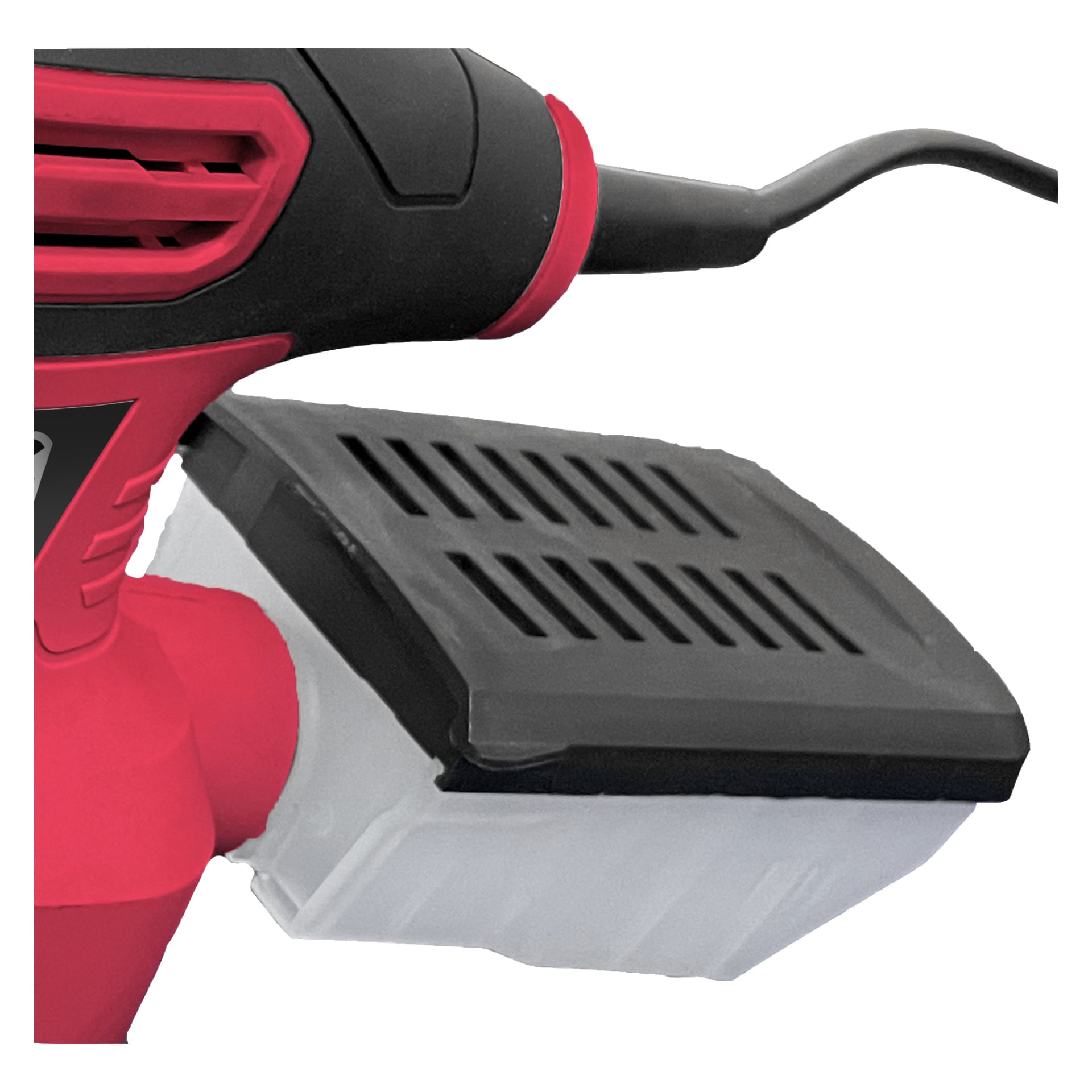 Meec Tools Multi-slipmaskin i rött och svart sedd på nära håll, med ett svart ventilerat tillbehör, en genomskinlig dammbehållare under, och strömkabeln som går ut bakifrån.