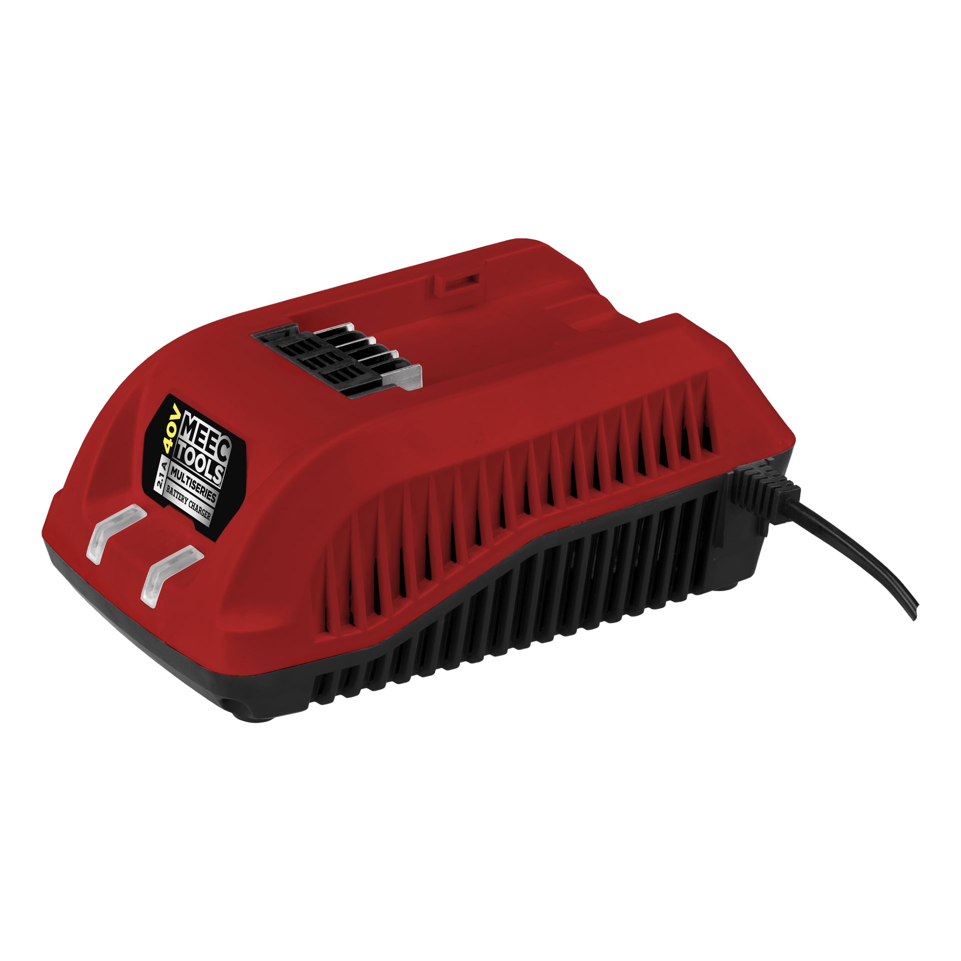 En röd och svart Meec Tools Multiseries 40 V sladdlös motorsåg med ventilationsspår, en sladd ansluten till sidan och en svart och gul märkesetikett på toppen. Två metallladdare är synliga framtill.