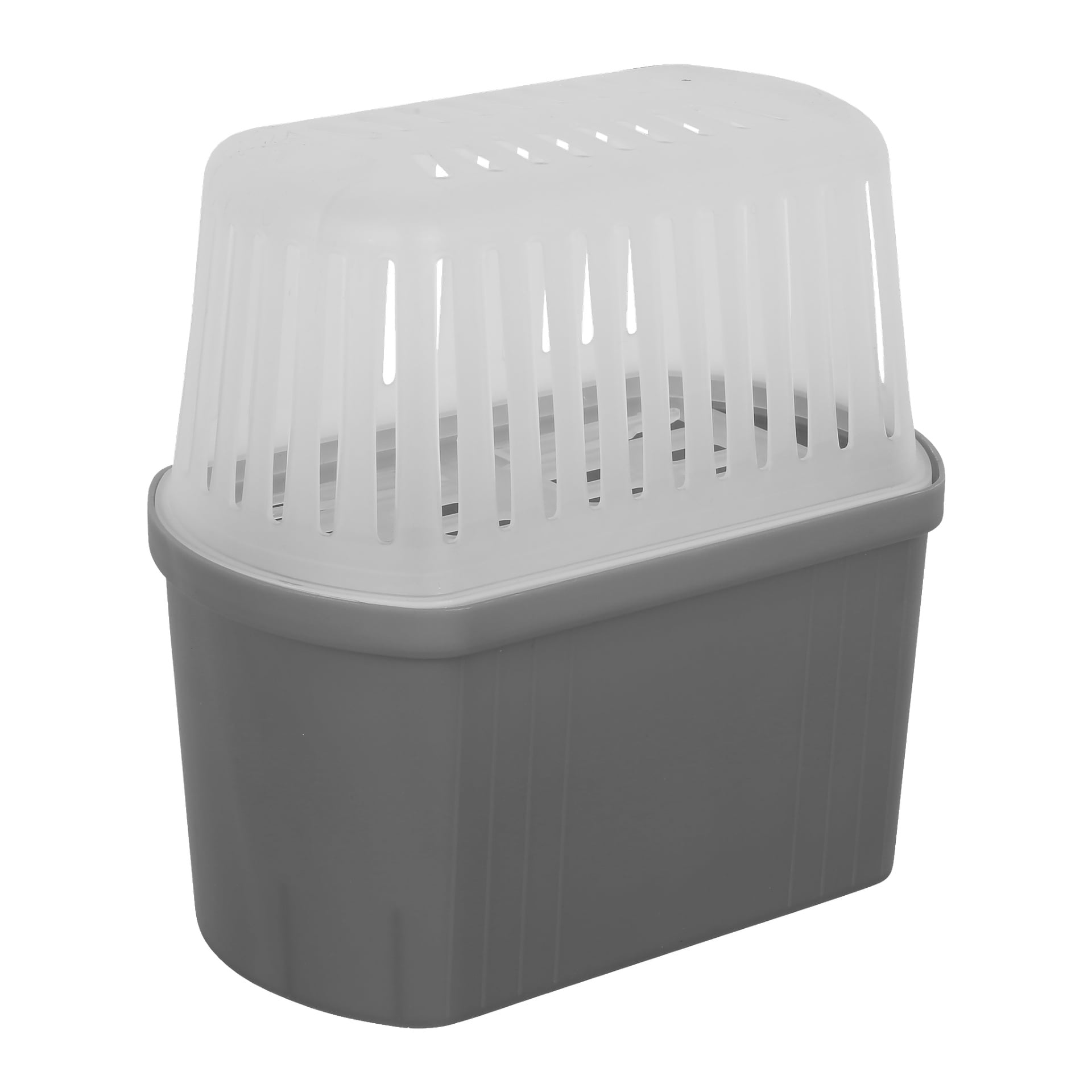En grå rektangulär plastfuktabsorberare från Anslut, med ett avtagbart, mjukt kupolformat genomskinligt lock med vertikala ventilationsspringor; locket fästs ordentligt vid basen.