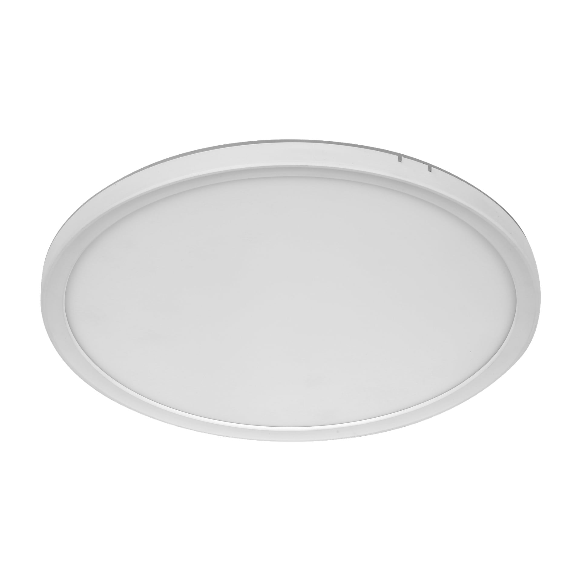 En närbild på Anslut Ceiling LED Smart visar en rund, platt vit takarmatur med en slank yta och tunn kant. Lampan är släckt.