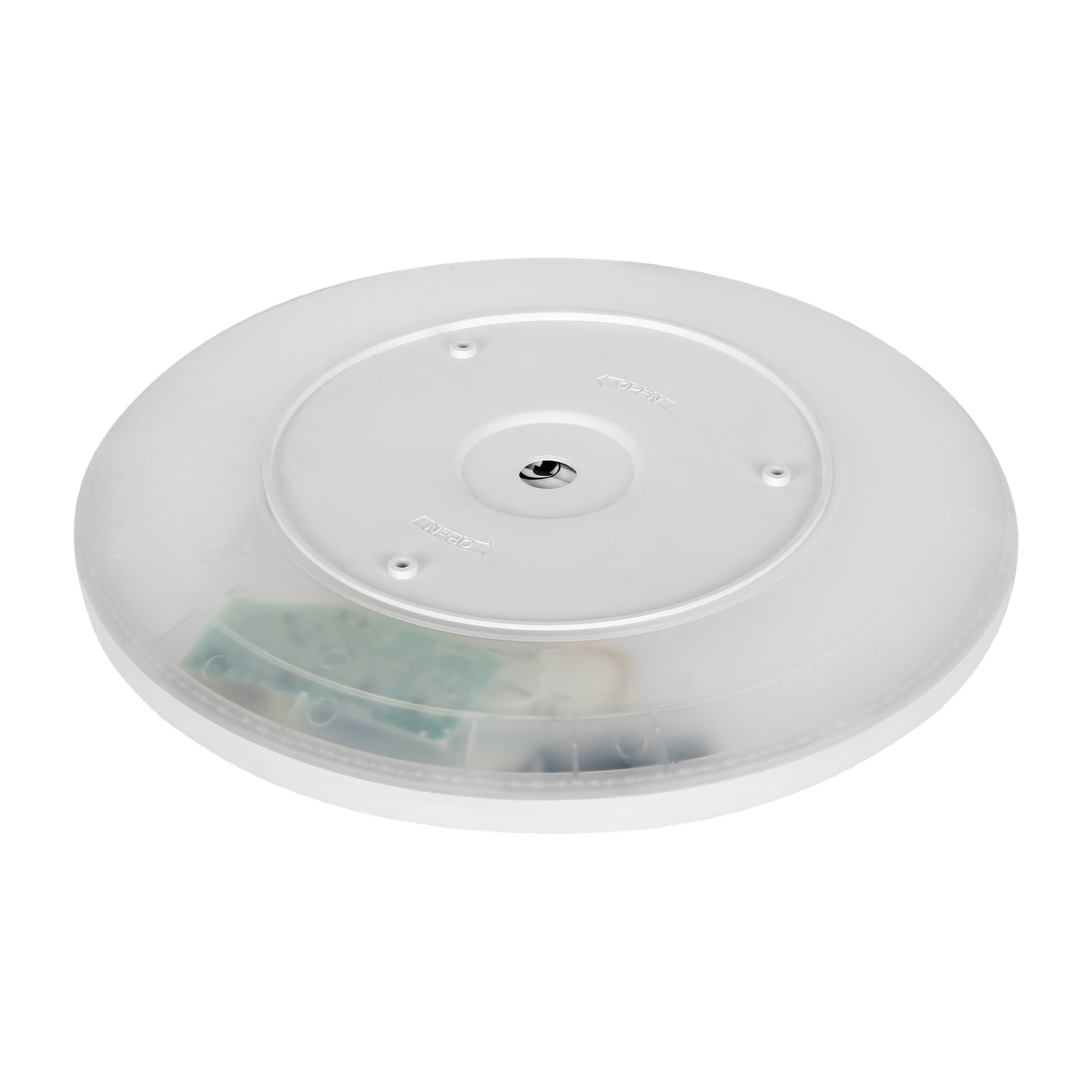 En rund vit plastenhet med ett genomskinligt lock som exponerar några av dess interna komponenter, identifierad som Anslut Ceiling LED Smart.