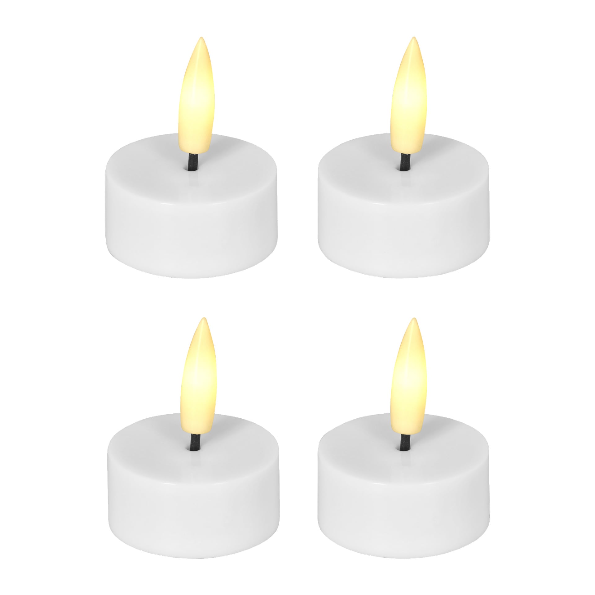 Fyra vita, runda LED-teljus från Menuetts LED-fyraljus visas, var och en med en liten gul lågformad glödlampa i mitten. De batteridrivna ljusen är jämnt fördelade.