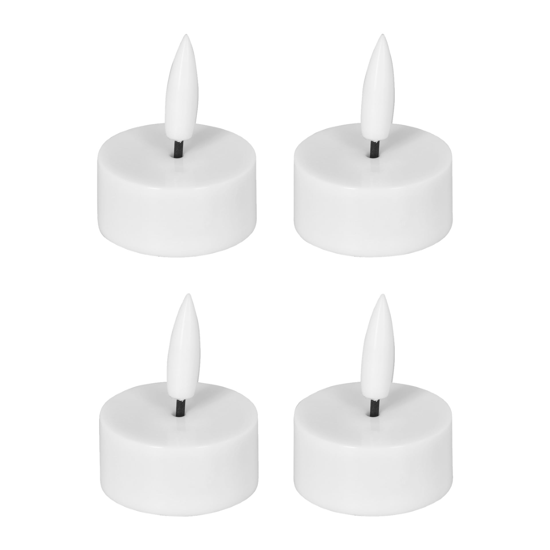 Fyra vita, runda Menuett LED-teljus är arrangerade i ett 2x2-rutnät. Varje ljus har en platt bas och en vit, flamformad spets, utan några extra dekorationer eller markeringar.