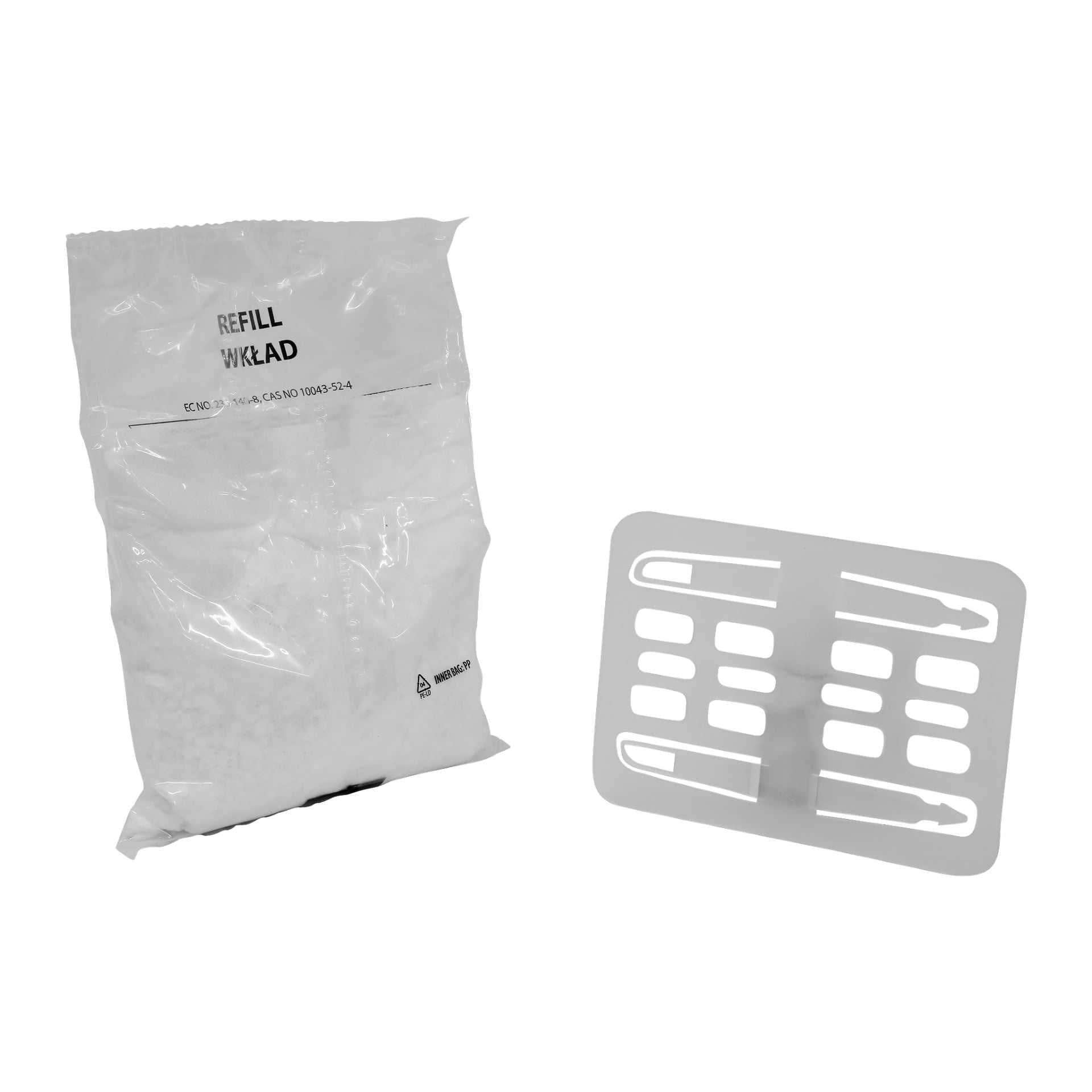 En förseglad plastpåse märkt "Refill Wkład" fylld med vita granuler står bredvid en platt, rektangulär Anslut-fuktabsorberare designad med många spår och riktningspilar.