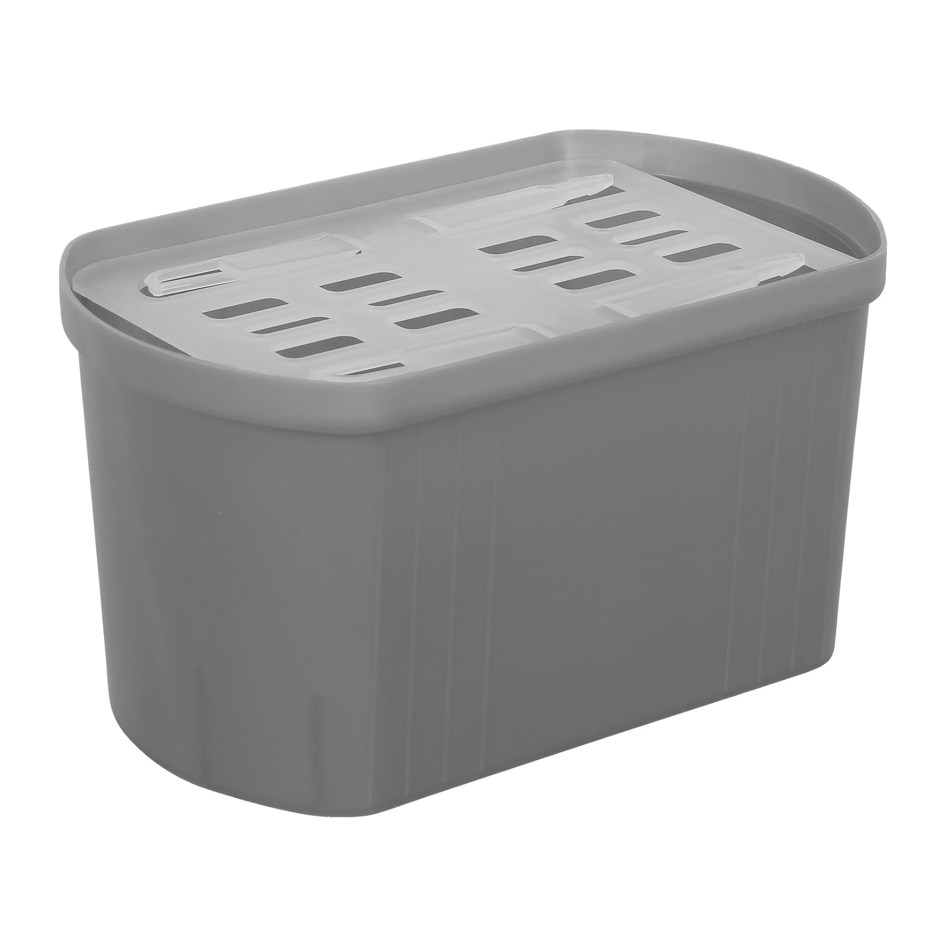 En grå Anslut fuktabsorberare gjord av plast, designad med släta rundade hörn och vertikala åsar längs sidorna. Den har ett klart, ventilerat lock som sitter stadigt ovanpå och har rektangulära springor för ventilation.