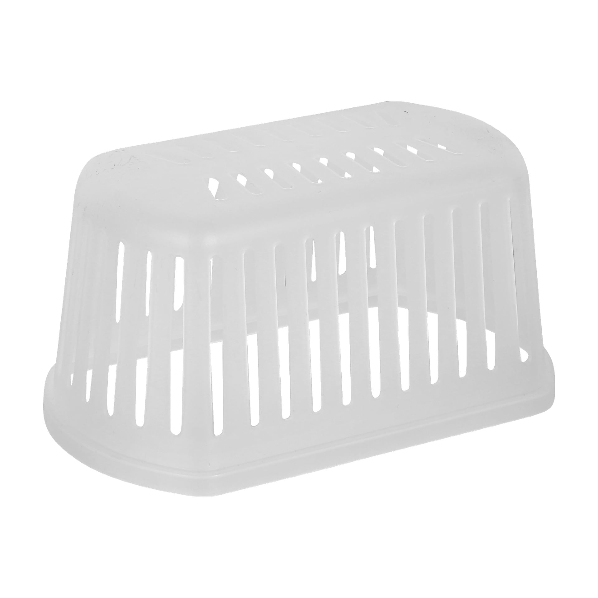 En vit, rektangulär Anslut-fuktabsorberare sitter upp och ner, tillverkad av slät plast med enhetlig färg och designad med vertikala springor för ventilation på sidorna och ovansidan.