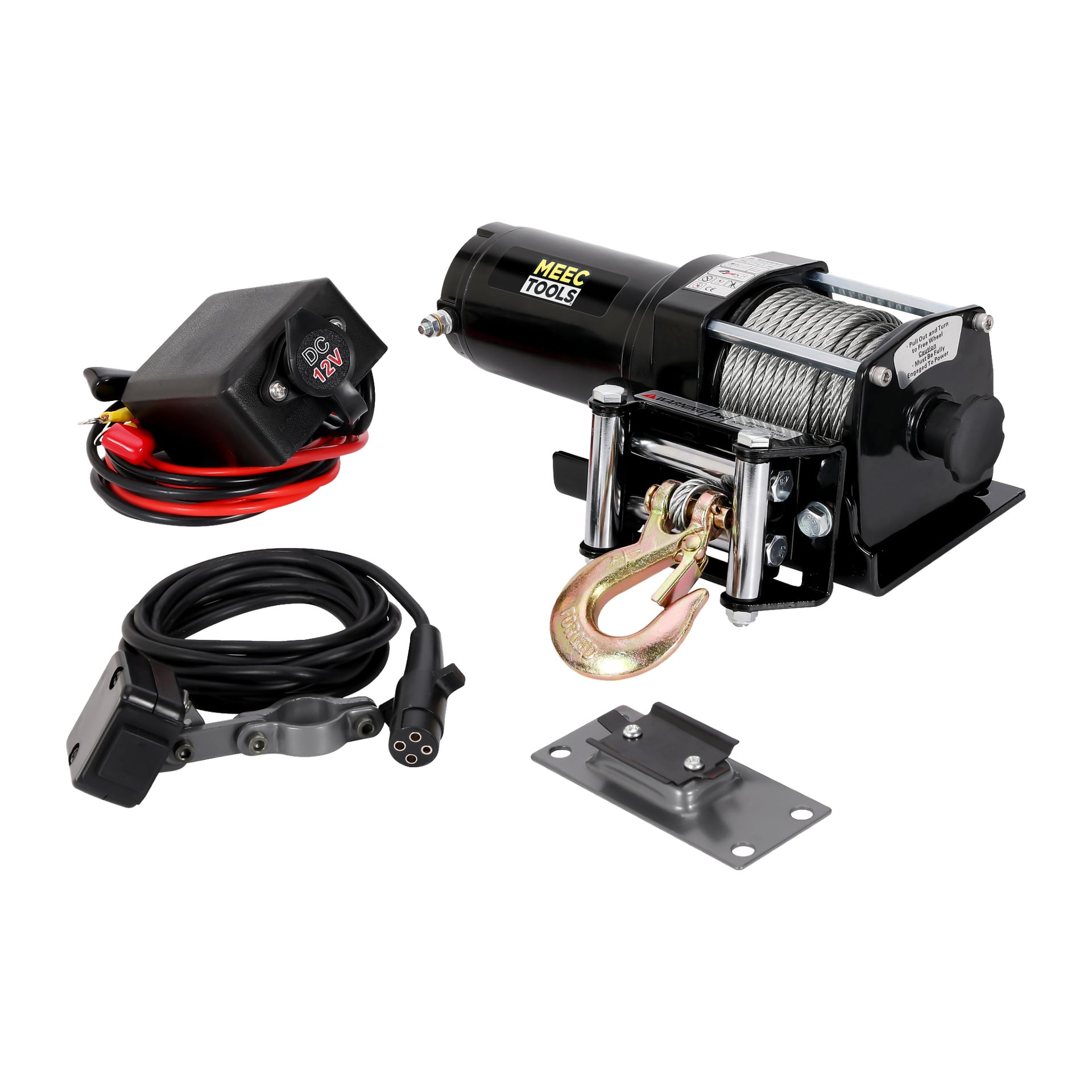En svart Meec Tools Power-vinsch med metallkabel och krok, tillsammans med en kontrollbox med röda och svarta ledningar, en sladdad handhållen fjärrkontroll och en monteringsplatta.