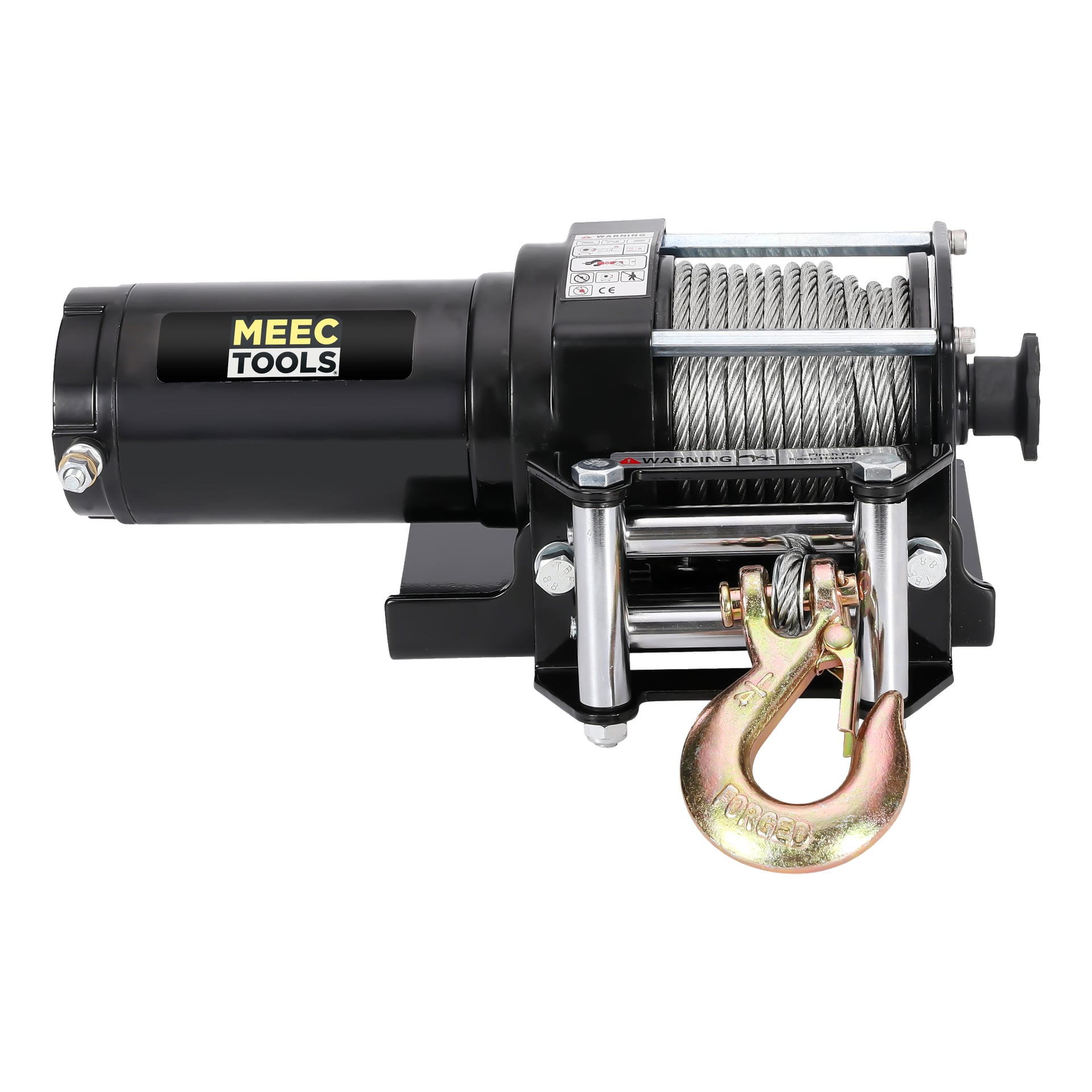 En Meec Tools Power-vinsch med svart elmotor, en stålkabel lindad runt trumman och slutade i en guldfärgad krok, och en Meec Tools-etikett på motorn. Enheten har också flera varningsetiketter fästa.
