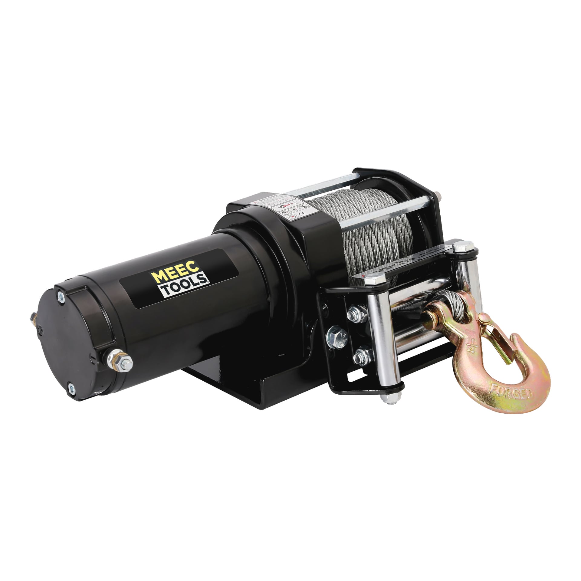 En svart Meec Tools Power-vinsch med en metallkabel lindad runt spolen, styrrullar framtill och en stadig metallkrok fäst i kabelns ände.