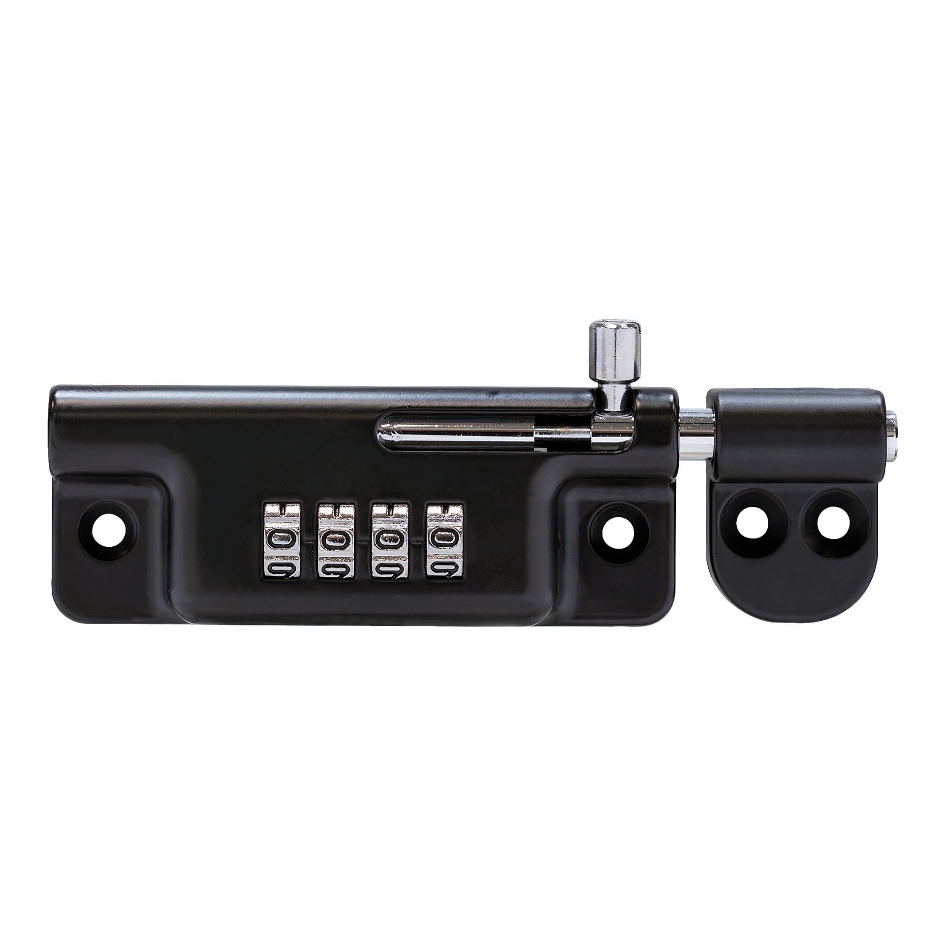 En svart ABUS Slide Bolt Combination Lock med skyvebolt, fire tallskiver og monteringshull på hver side for å feste sikkert til overflater.