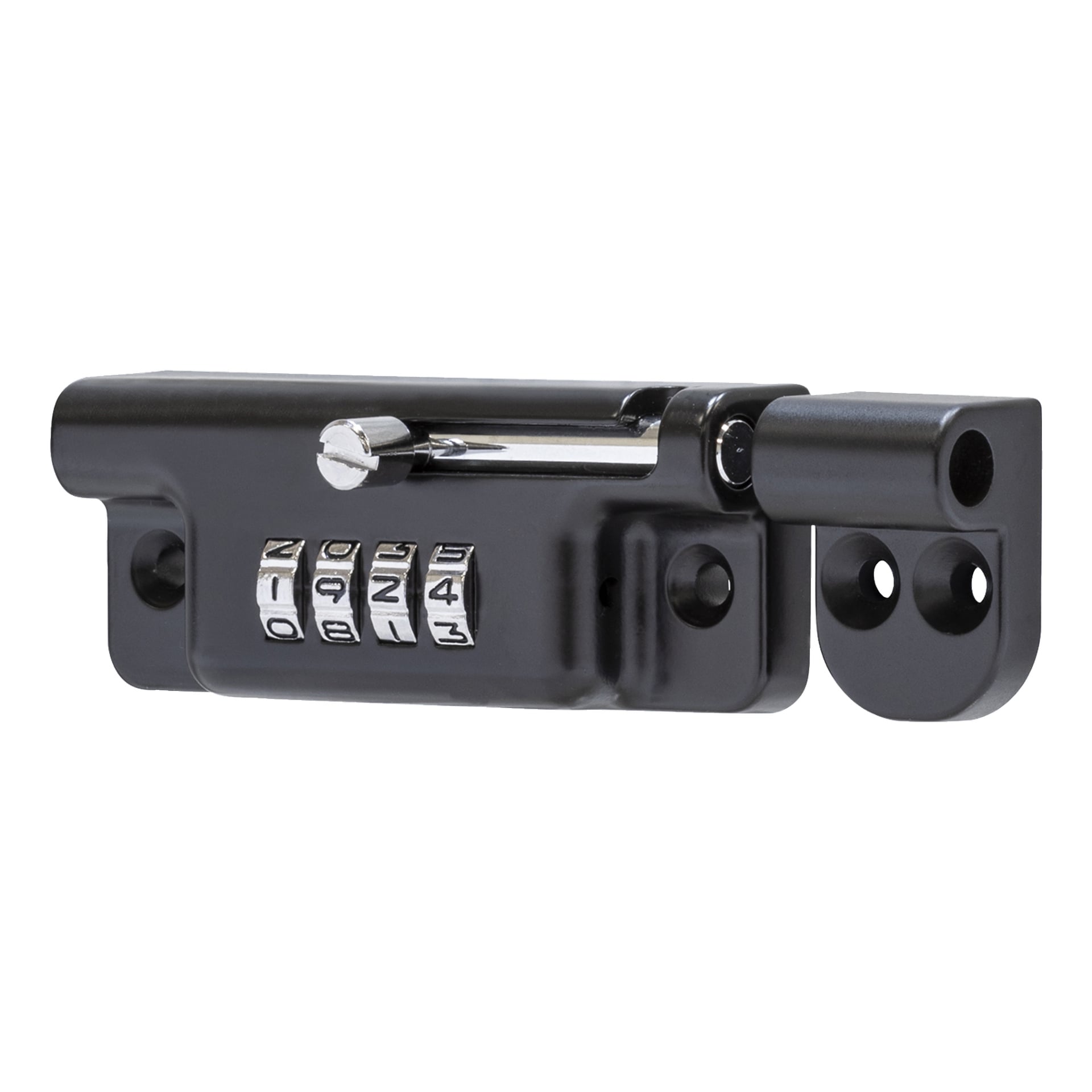 En svart ABUS-slidebolt med kombinasjonslås, med fire nummererte skiver og en skyvebolt. Den er designet for å monteres med skruer gjennom to hull på hver side.